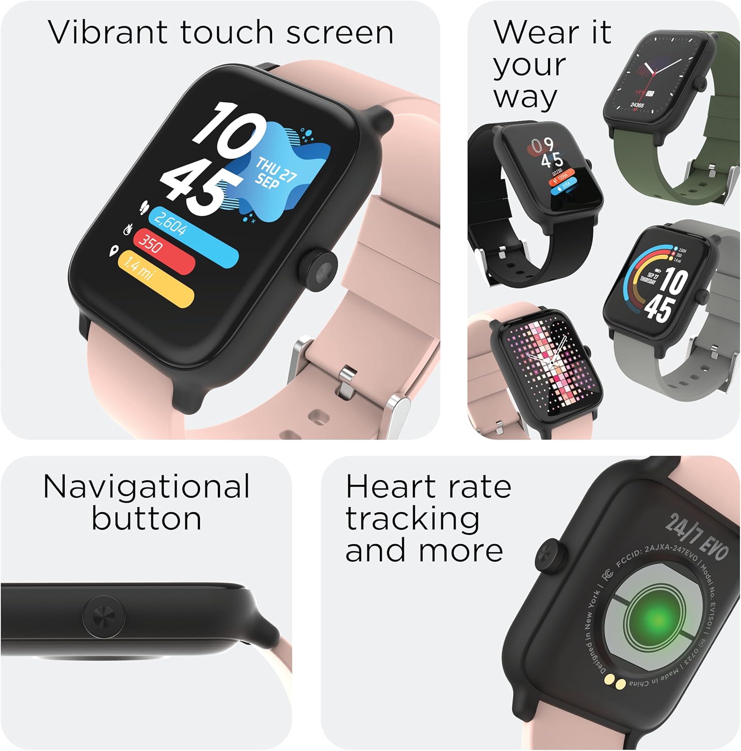 247 EVO Reloj inteligente unisex – Monitor de actividad física, monitor de frecuencia cardíaca, esfera de reloj personalizable, rastreador de
