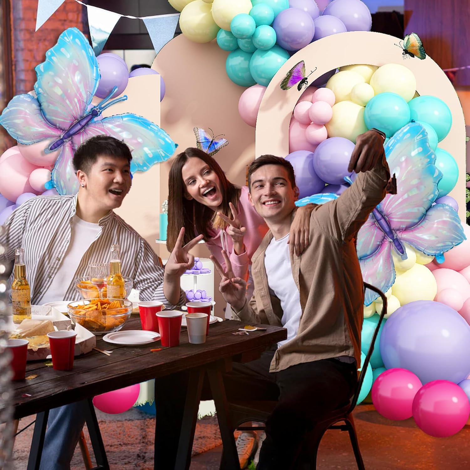 Kit de arco de guirnalda de globos de mariposa, 120 piezas de arco de guirnalda de globos morados, rosas y azules con 2 globos de aluminio de