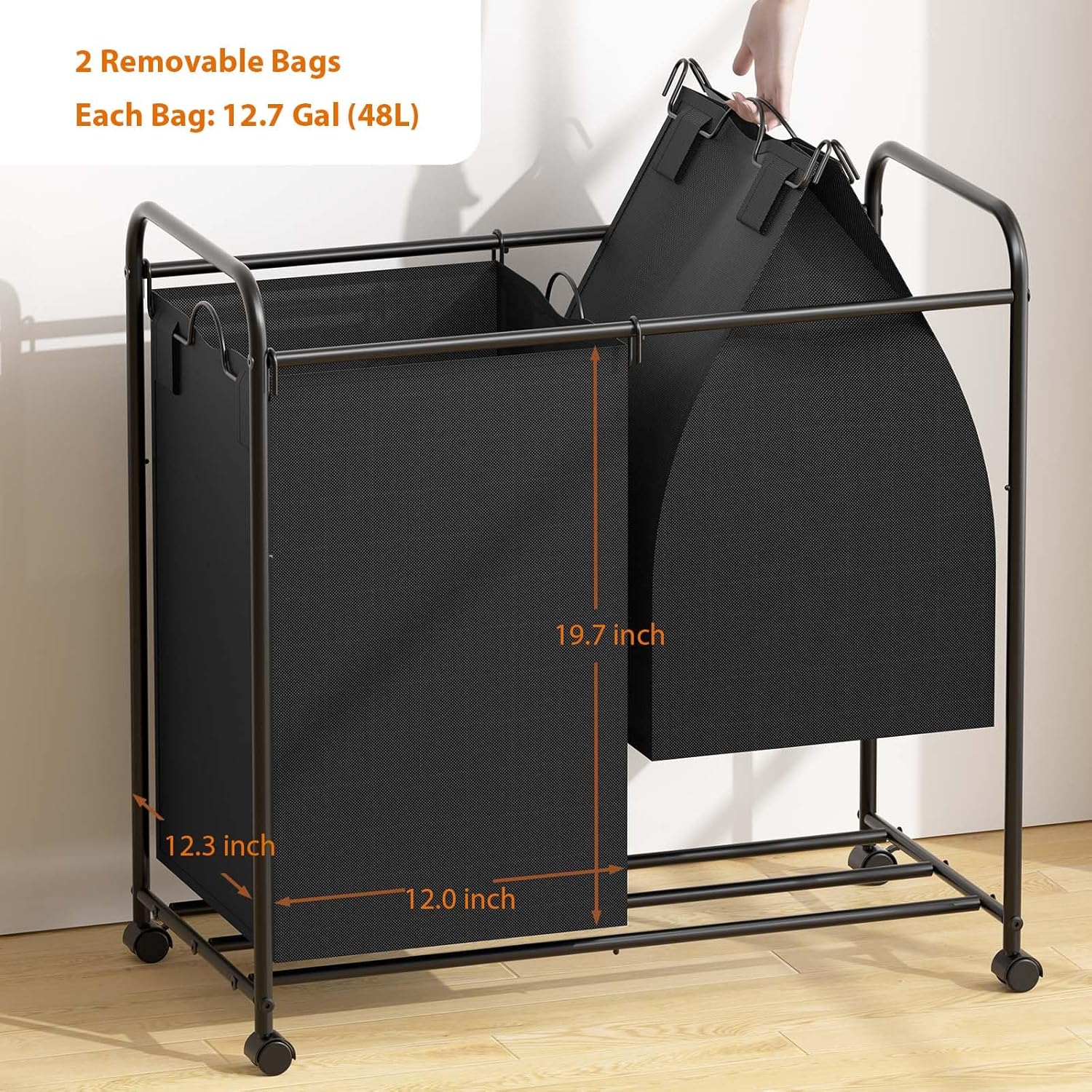 Tinpin Cesta doble para ropa sucia con tapa, cesta de lavandería con ruedas, clasificador de ropa sucia de 96 L, 2 secciones, gris oscuro