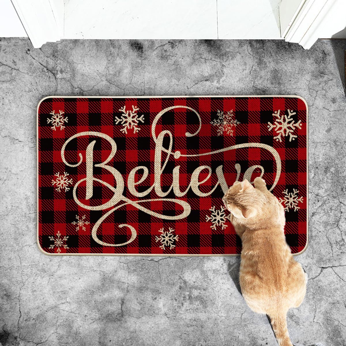 Artoid Mode Buffalo Plaid Snowflake Believe – Felpudo decorativo de bajo perfil, para interiores y exteriores, 17 x 29 pulgadas
