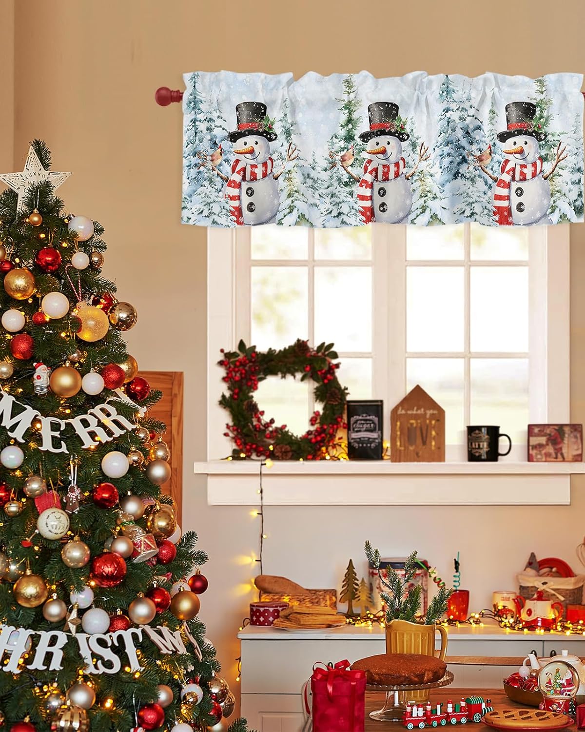 Cenefa de cocina de muñeco de nieve de Navidad con bolsillo para barra, cenefa corta para ventana de árbol de Navidad, cenefa corta para cocina,