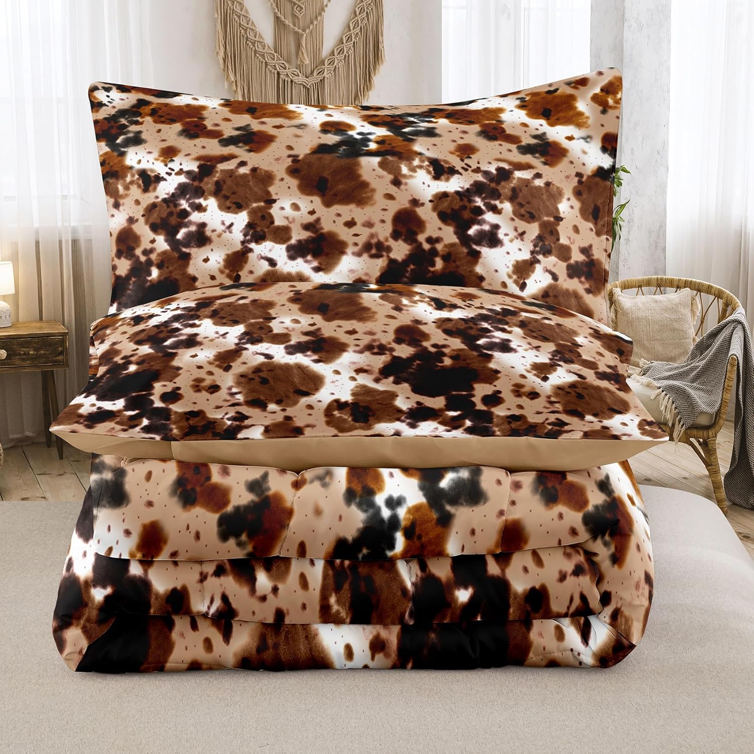 Juego de edredón con estampado de vaca, tamaño Queen, color negro, marrón, blanco, con estampado de vaca occidental, para niños, adolescentes, niños