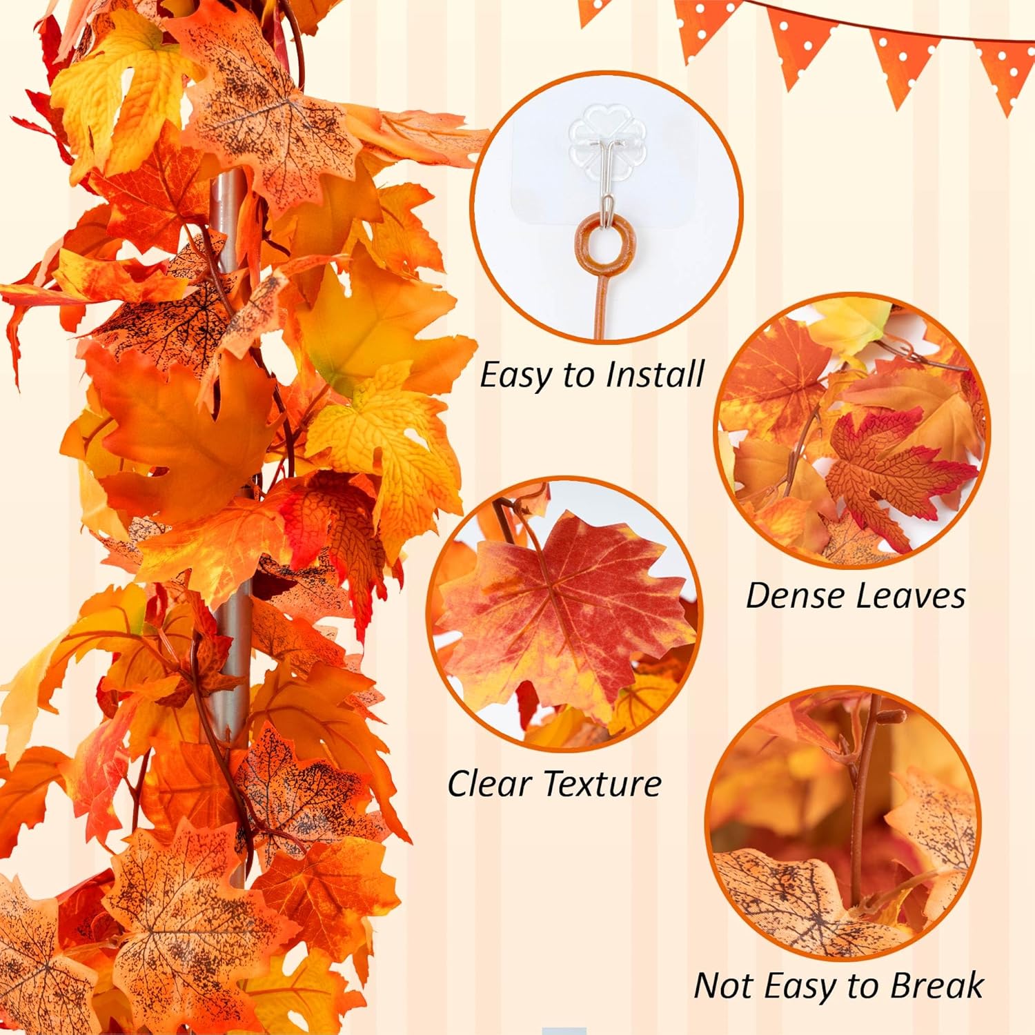 Paquete de 3 guirnaldas de hojas de otoño, 5.7 piespieza, decoración de hojas de arce para manto, chimenea, guirnalda artificial de follaje otoñal