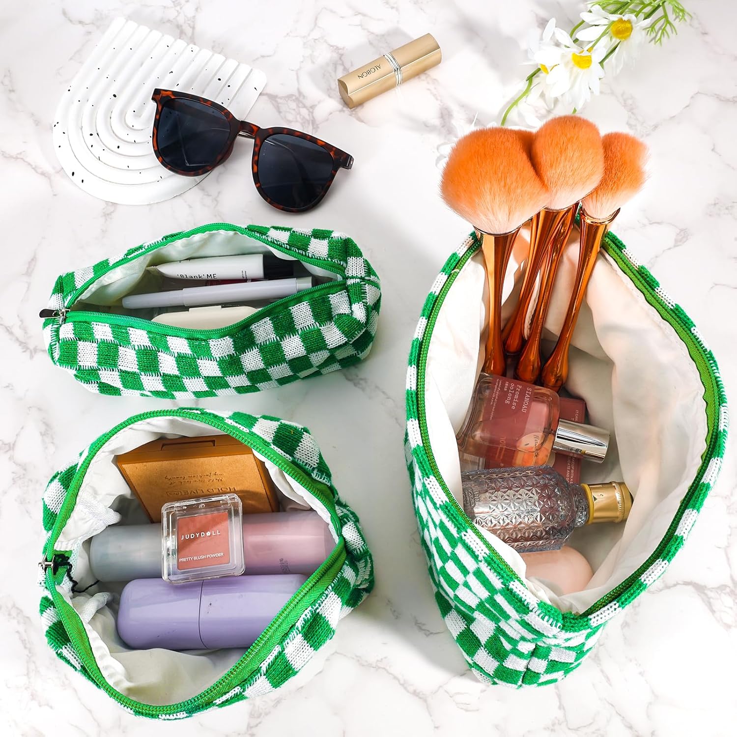 Bolsa de maquillaje a cuadros para mujer, bolsa de cosméticos rosa de gran capacidad, bolsa de maquillaje de viaje, bolsa de maquillaje para bolso,