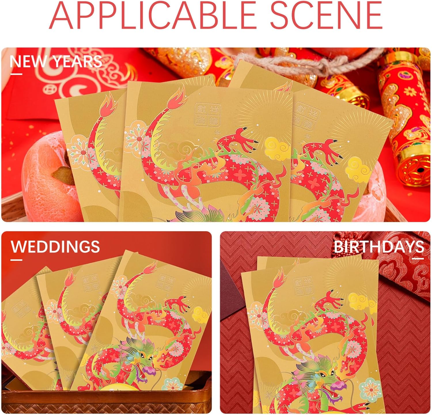 Didiseaon Sobres lindos 2024 rojo Año del Dragón s 6 piezas chino Hong Bao Lai See Money Pocket Lucky Red Paquetes para Festival de Primavera Año