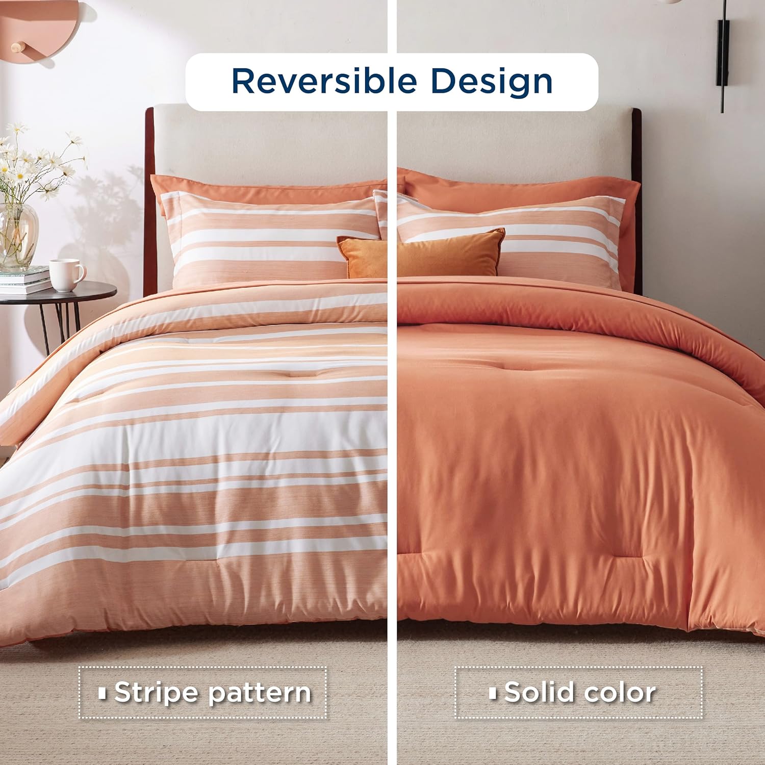 BEDSURE Bed in a Bag – Juego de edredón de 7 piezas a rayas color naranja quemado y blanco para todas las estaciones, 2 fundas de almohada, sábana