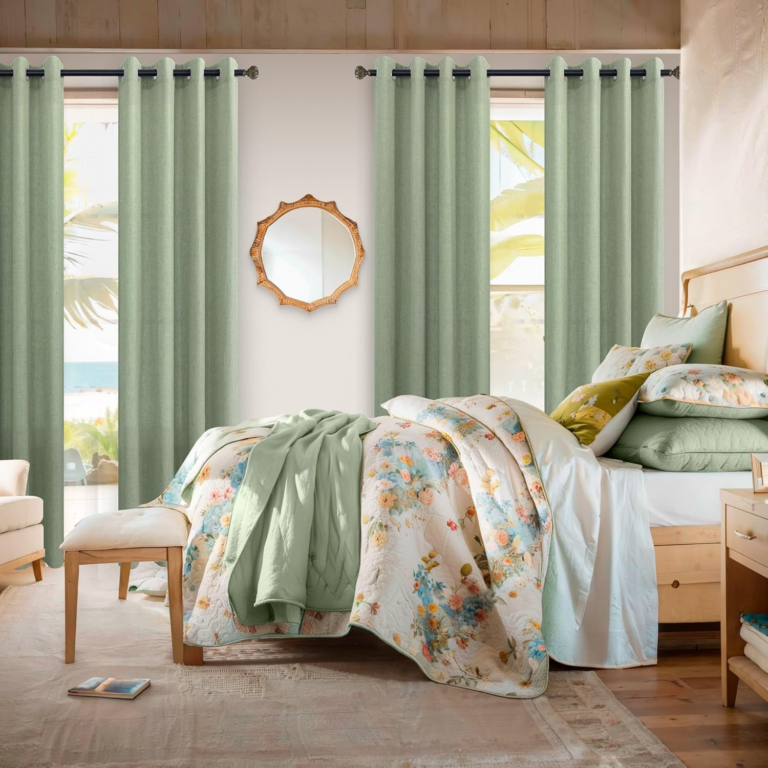 Pitalk Cortinas color verde salvia claro de 90 pulgadas de largo para dormitorio, 2 paneles con ojales, filtrantes de luz, semitransparentes, de