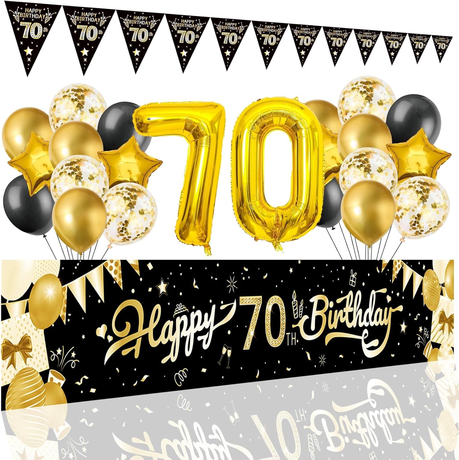 Cartel grande de decoración de cumpleaños 70 de 9.8 x 1.6 pies, juego de decoración de fiesta de feliz cumpleaños negro y dorado, telón de fondo de