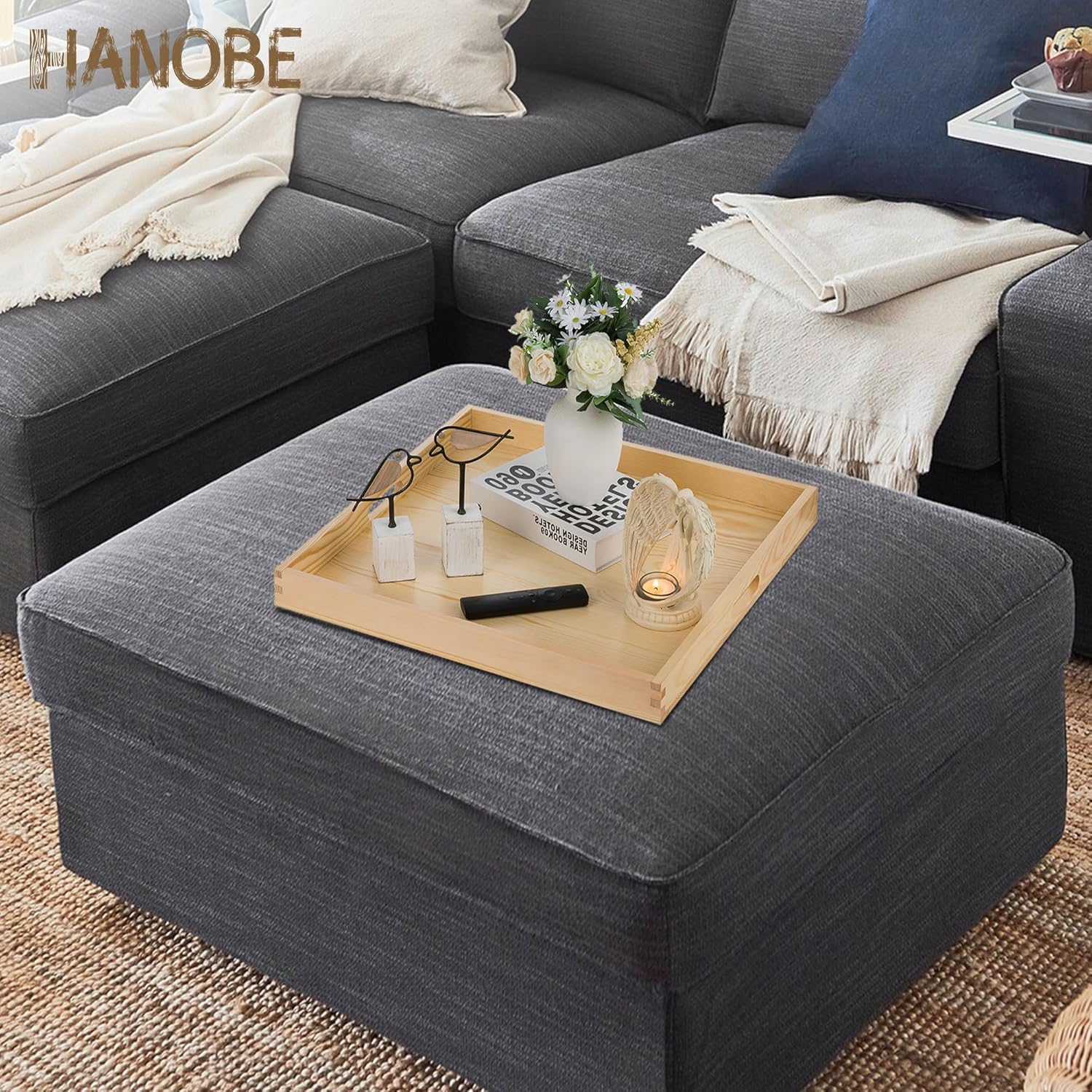 Hanobe Bandeja otomana cuadrada grande bandeja extra grande para servir con asas, bandejas decorativas de madera rústica, mesa auxiliar, decoración