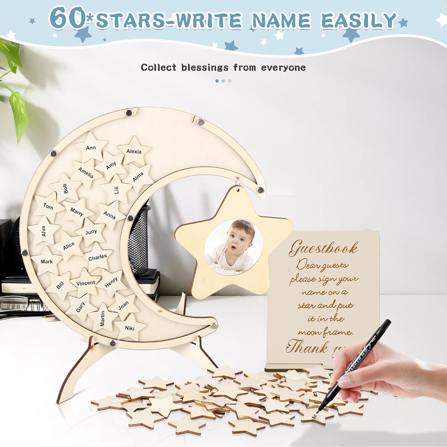 Libro de invitados alternativo para baby shower, tablero de letrero de luna, marco de fotos con 60 bloques de madera de estrella, libro de invitados
