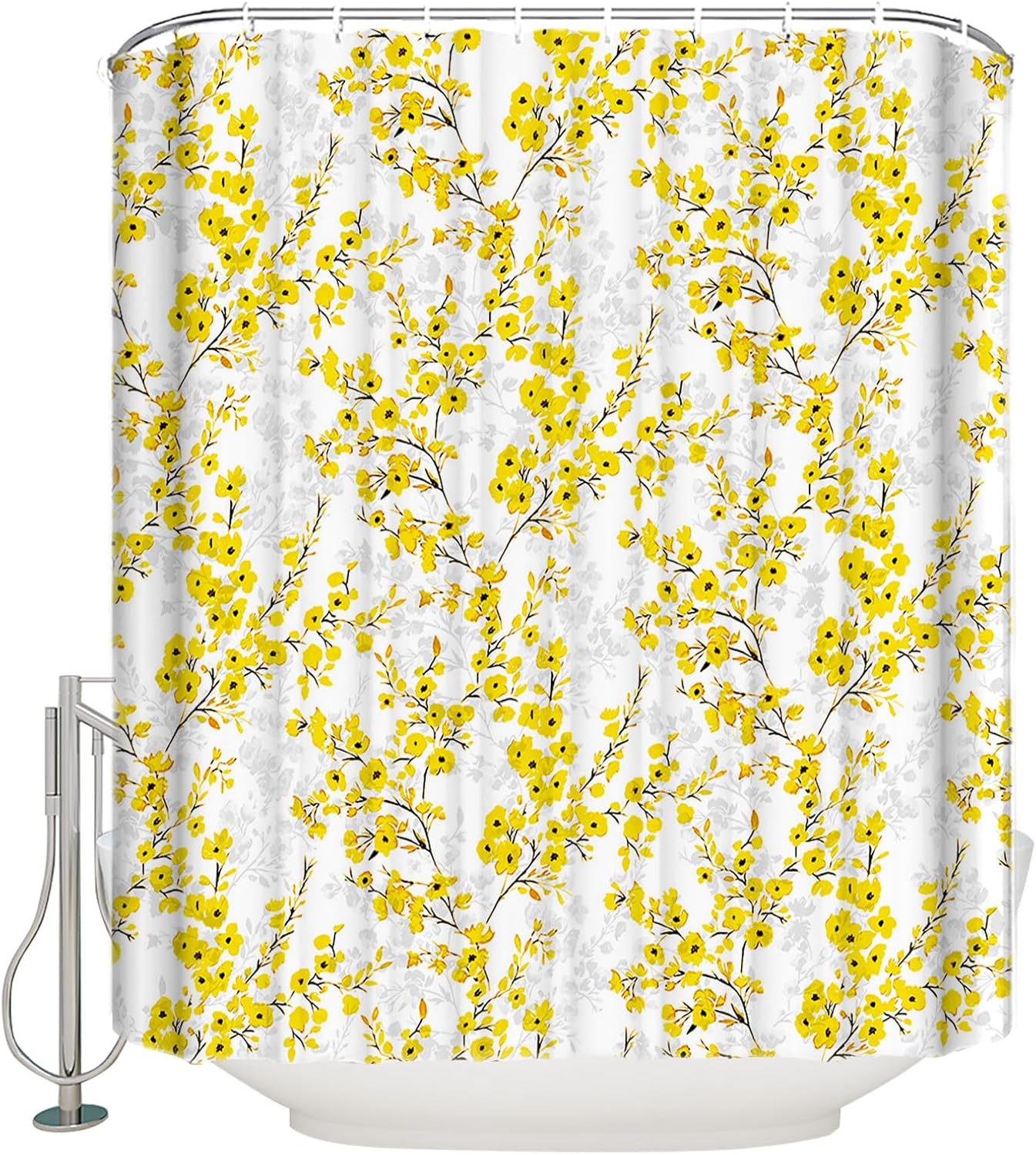 Cortinas de ducha florales para baño, estilo acuarela, flores amarillas y grises, juego de cortinas de ducha de tela impermeable con 12 ganchos,