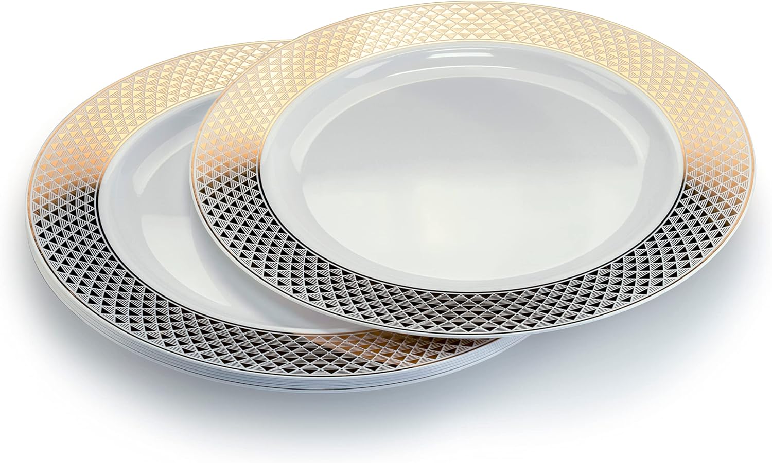 “Ocasiones” Paquete de 120 cargadores de plástico desechables para bodas, fiestas, 12 pulgadas, (celebra, blanco y dorado)