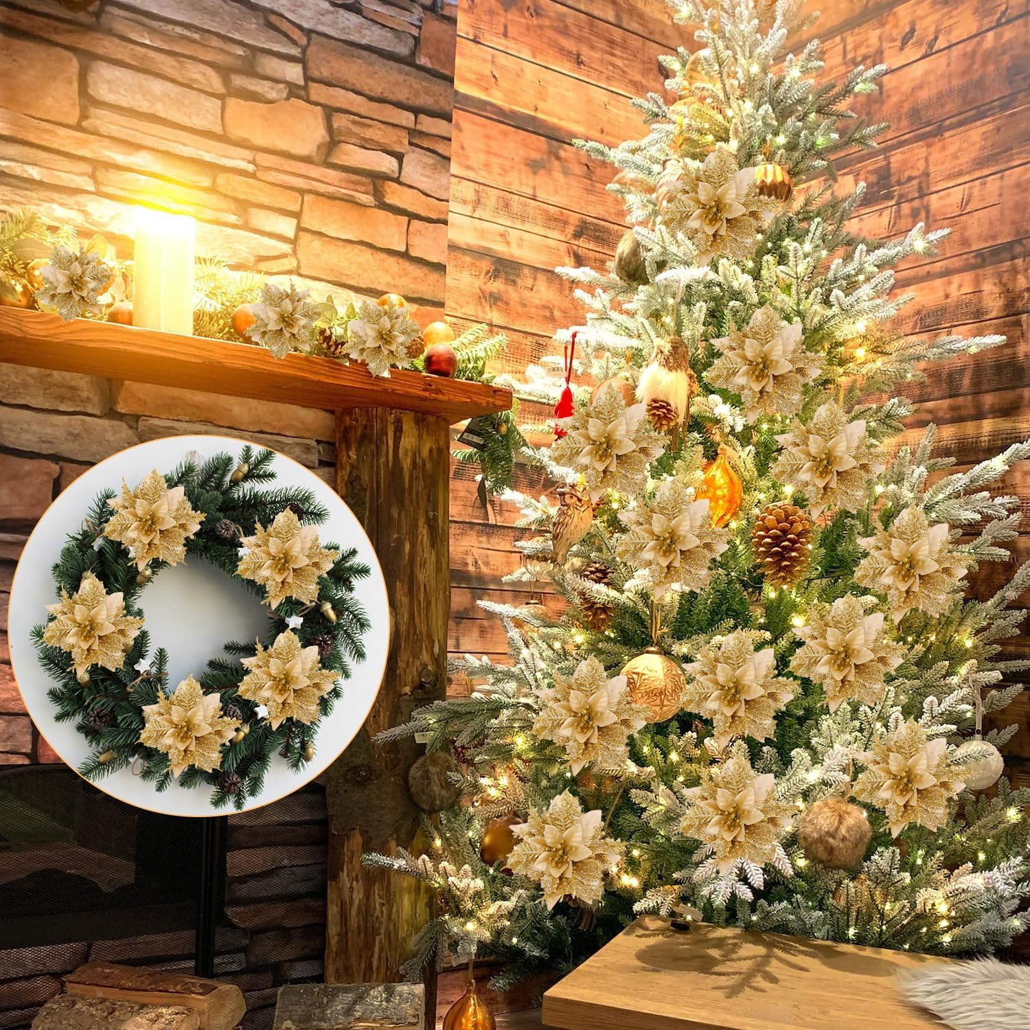 BOXOB 12 adornos de Navidad, flores de Pascua artificiales con 12 pedúnculos y 12 clips de purpurina para decoración de fiesta de árbol de Navidad