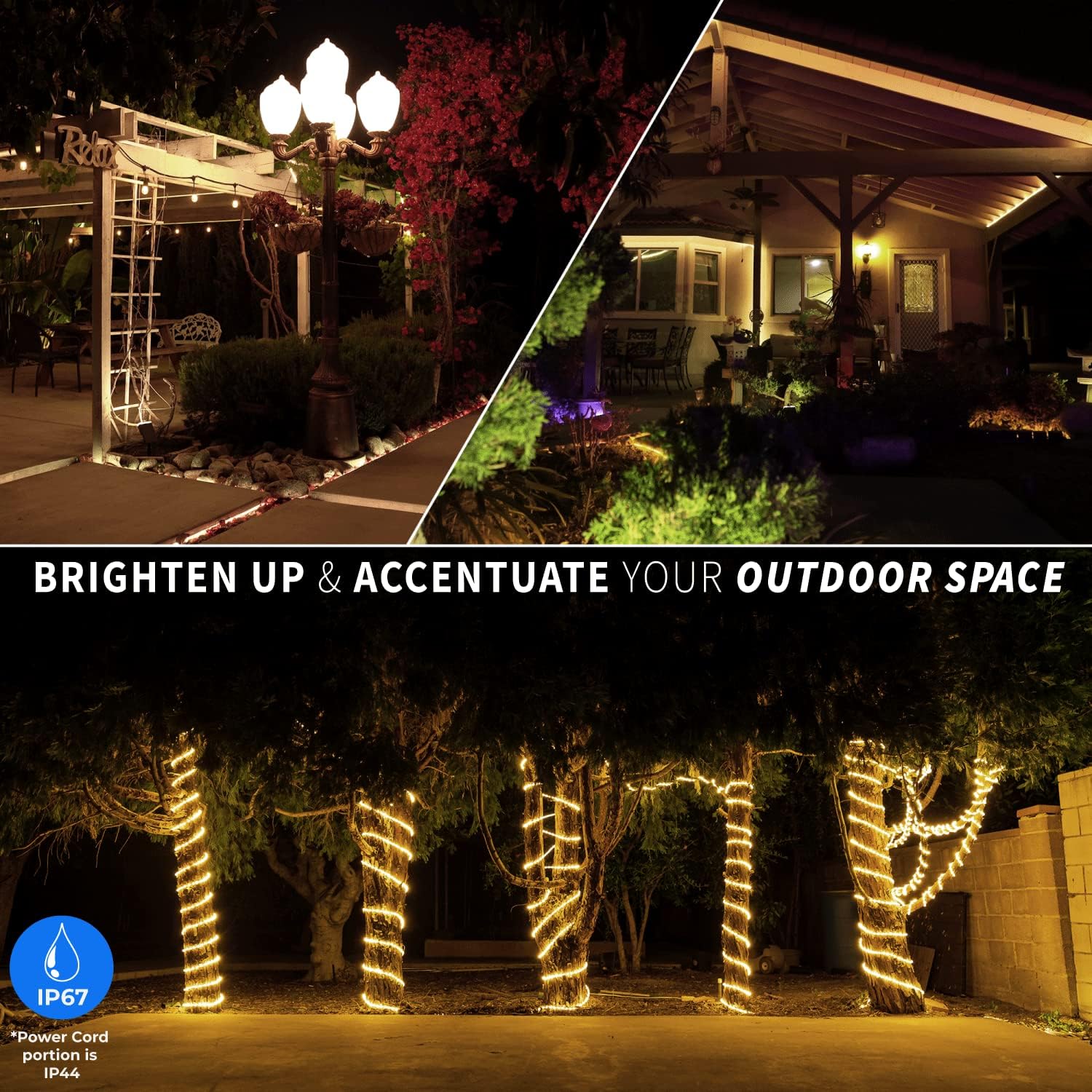 WYZworks Cuerda de luz LED de 50 pies con 576 luces LED, conectable, impermeable, permanente, para exteriores, con certificado ETL, árboles de
