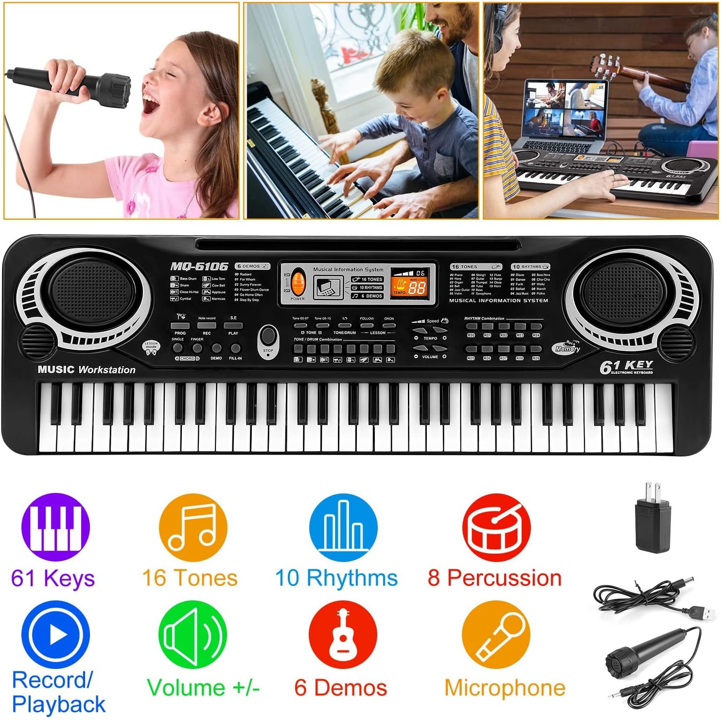 Teclado de piano de 61 teclas, teclado electrónico de música digital con micrófono, piano eléctrico, instrumento musical, teclado de aprendizaje