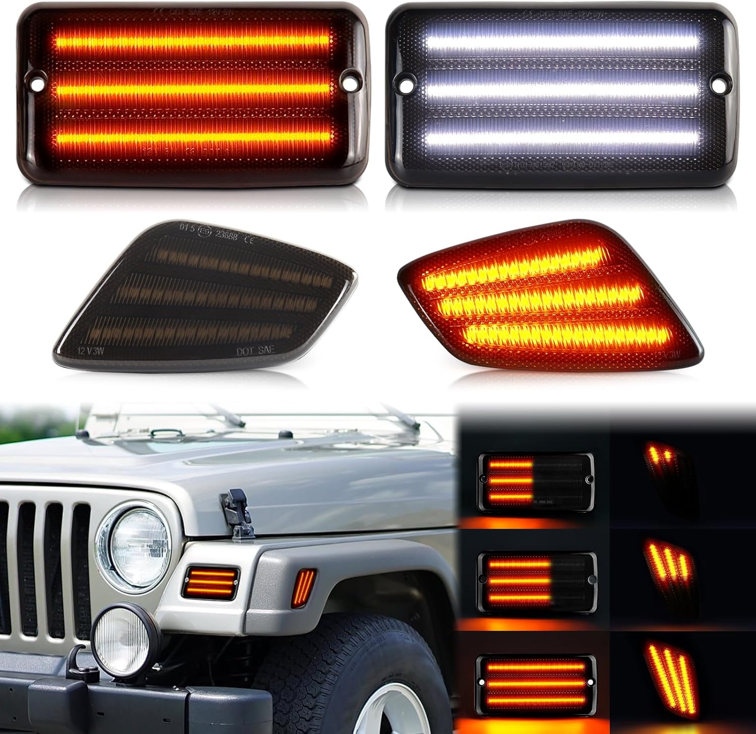 Switchback – Señales de giro LED secuenciales ámbar para parachoques delantero, luz blanca DRL lateral para Jeep Wrangler TJ 1997-2006, 4 luces de
