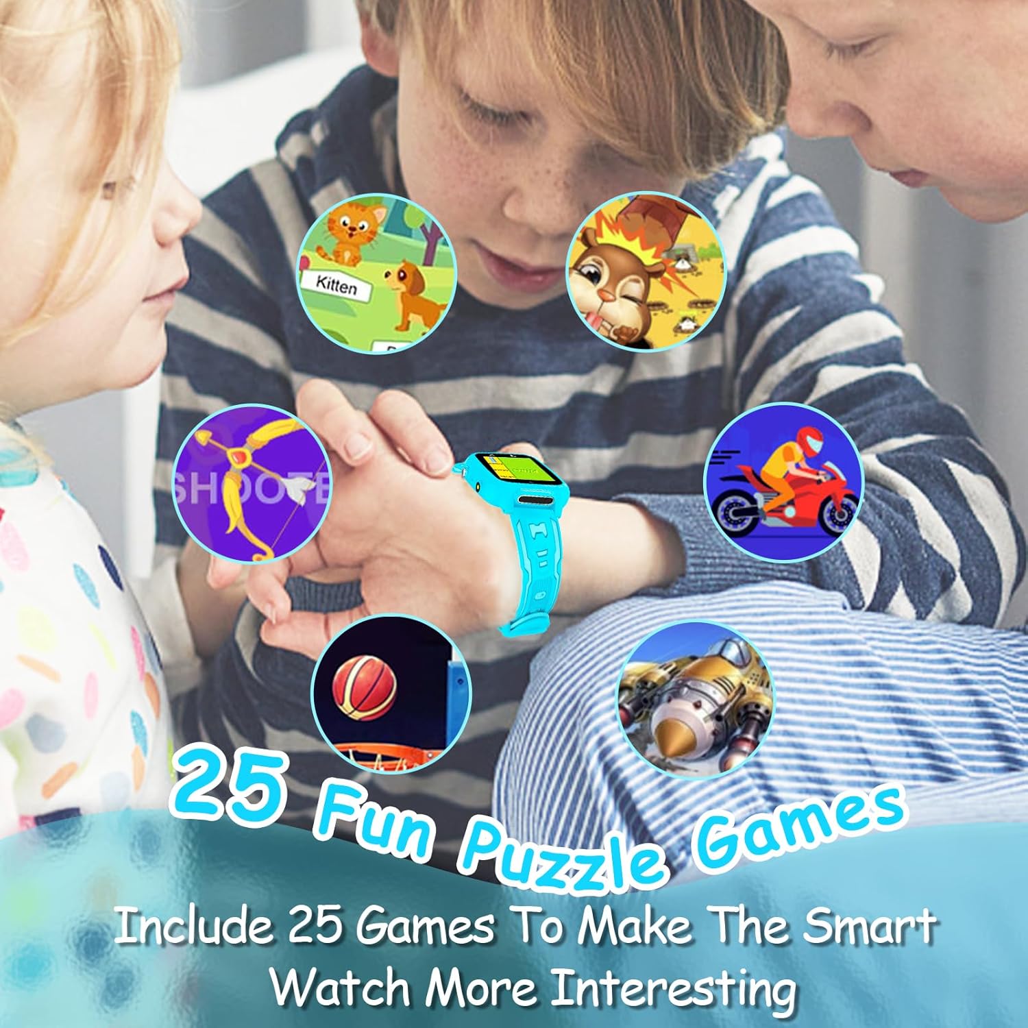 iGeeKid Reloj inteligente para niños con 25 juegos de rompecabezas, calculadora de video, pantalla táctil HD, reloj despertador, podómetro, relojes