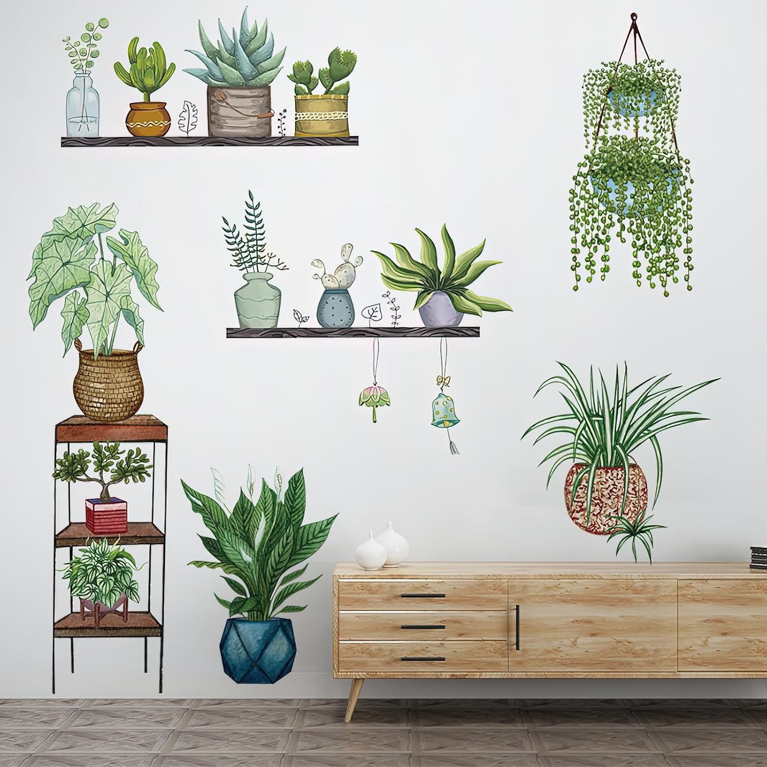 Calcomanías de pared de plantas verdes en maceta, plantas tropicales, hojas verdes, calcomanías de pared, papel tapiz de vinilo natural, para sala