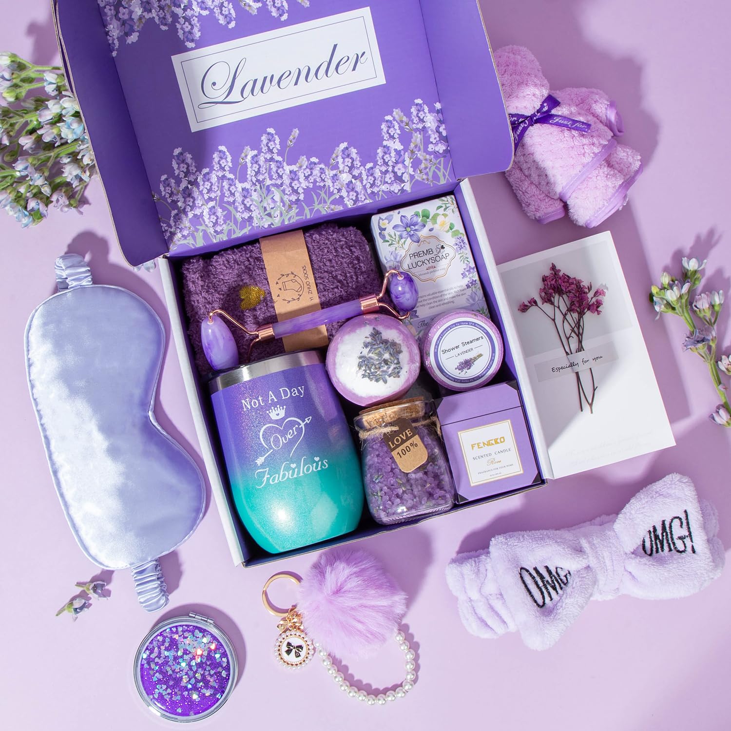 Regalos de cumpleaños para mujeres, regalos para ella, cesta de regalo morada para mujeres, feliz cumpleaños, lavanda, juego de regalo relajante,