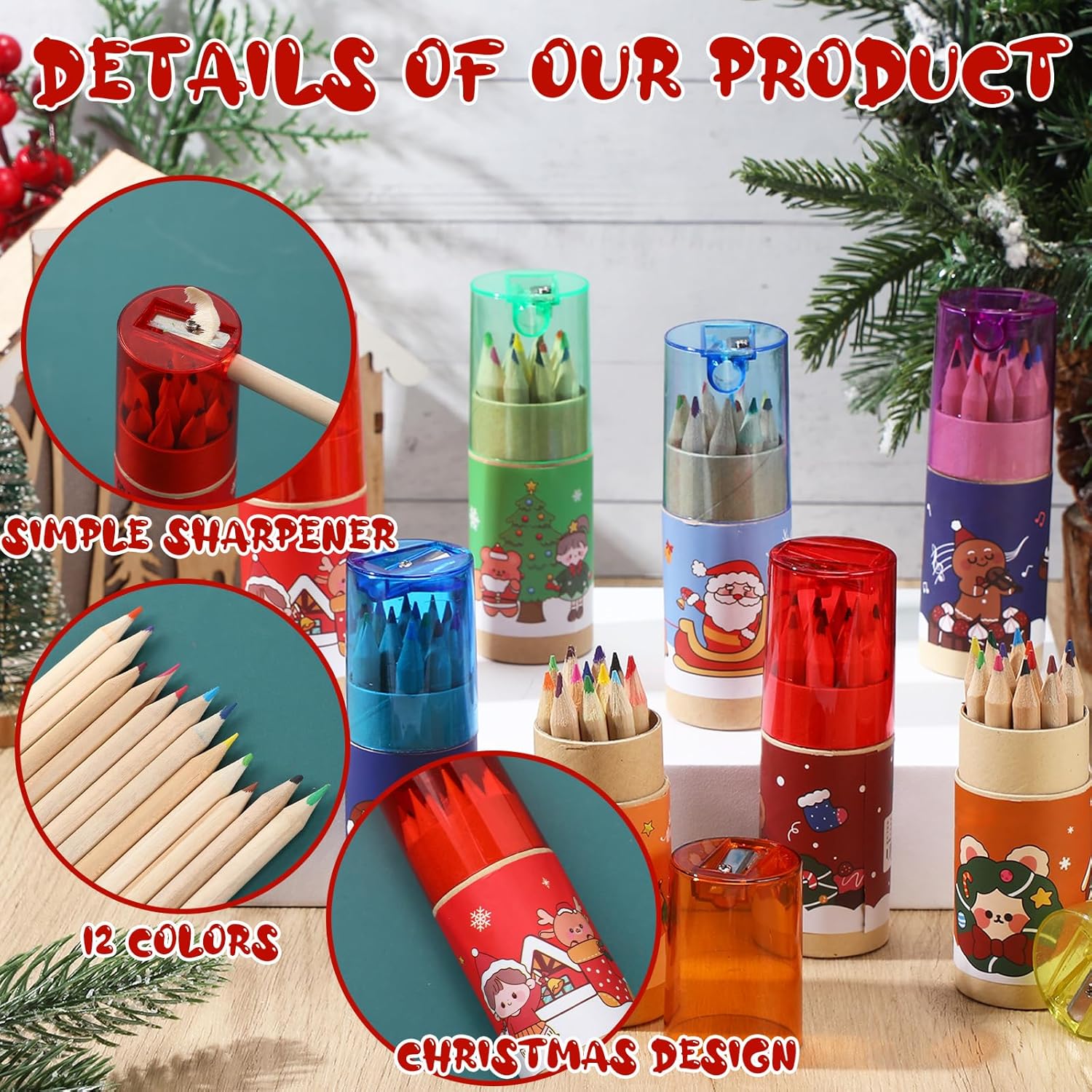 Fumete Paquete de 32 mini lápices de colores de Navidad a granel con sacapuntas en tubo de dibujo, lápices de colores para niños, lápices de
