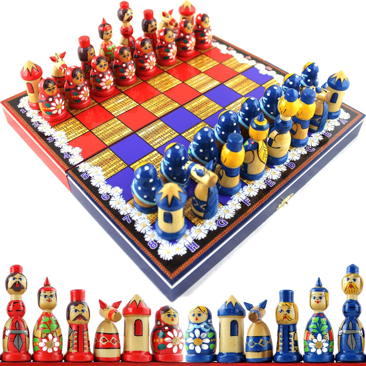 Matryoshka Dolls Juego de ajedrez de madera – Juego de ajedrez ruso pintado a mano margaritas de granja con temática de flores