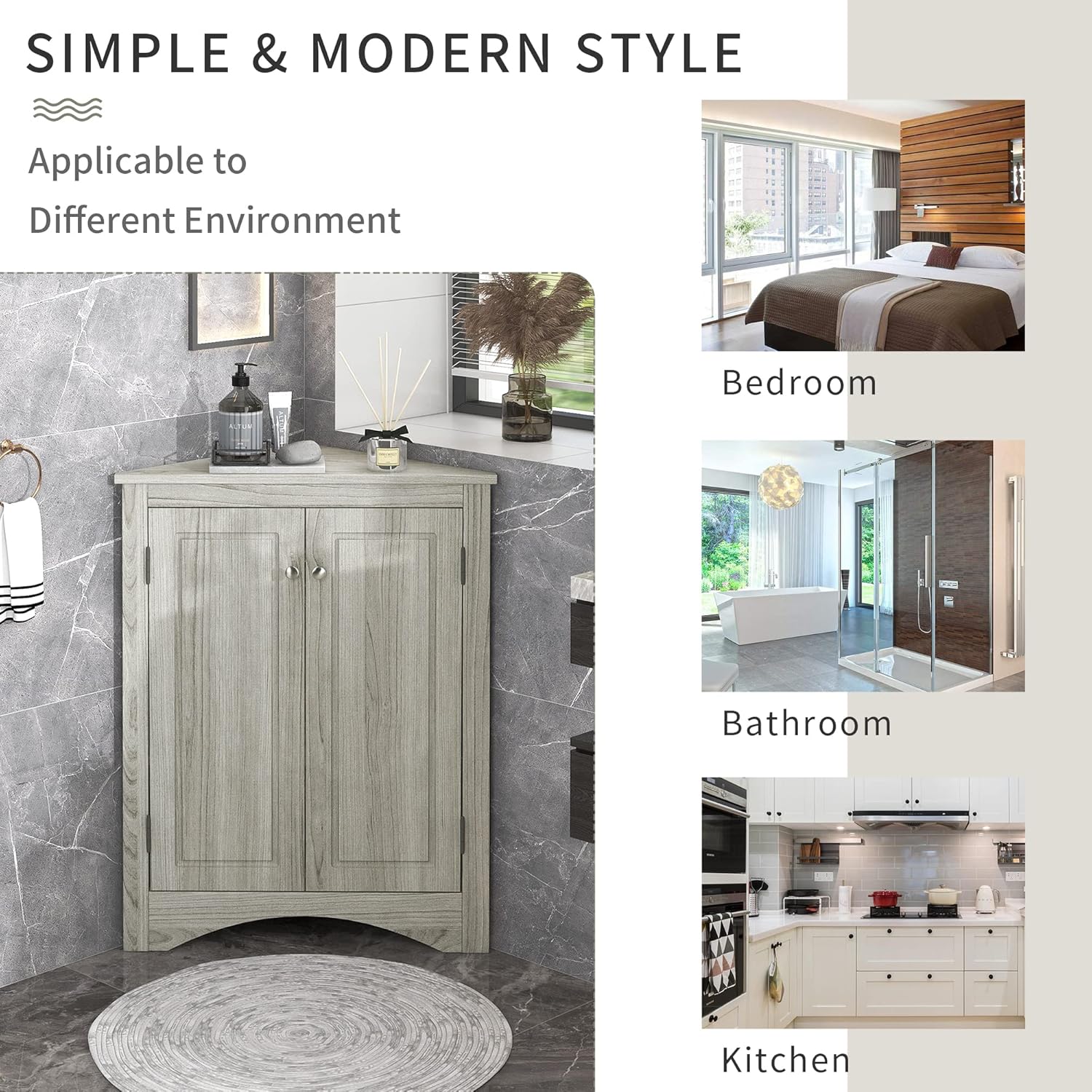 Harper & Bright Designs Armario de almacenamiento esquinero, gabinete de almacenamiento de baño independiente de 31.5 pulgadas con doble puerta y