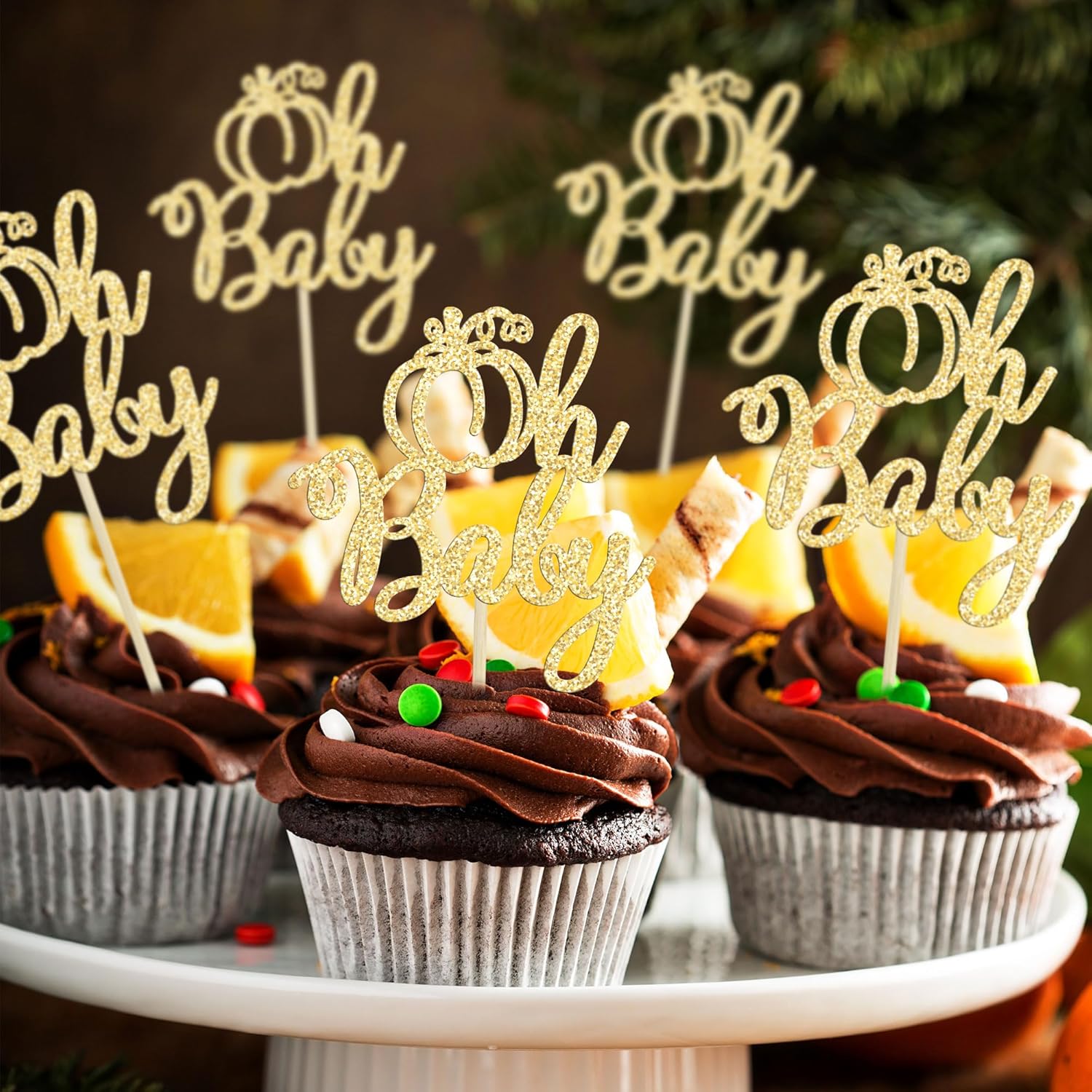24 piezas de calabaza Oh Baby Cupcake Toppers con purpurina temática de otoño selecciones de cupcakes de calabaza para baby shower, decoración de