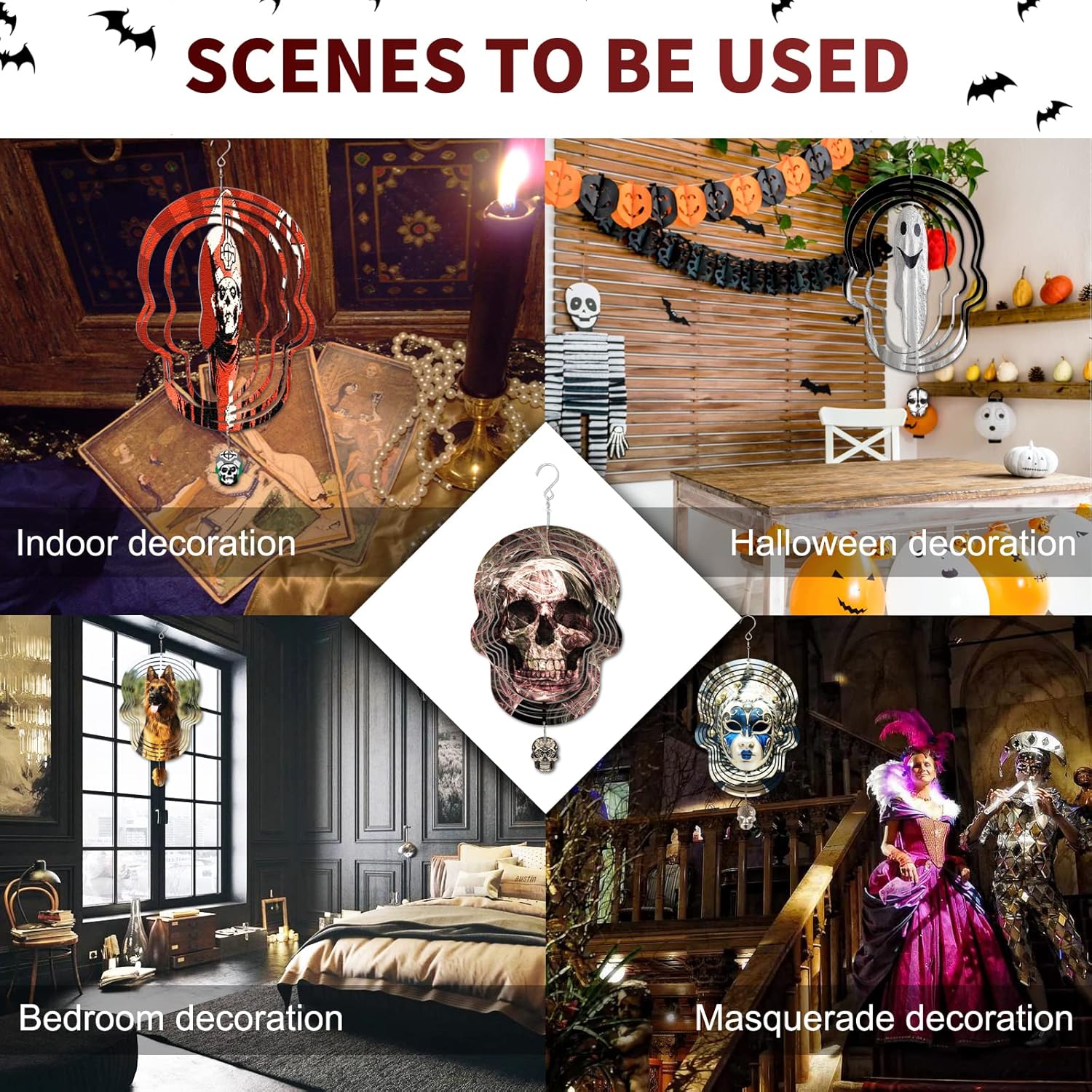 Paquete de 4 hilanderos de viento de sublimación, escultura cinética de aluminio 3D con forma de calavera, molduras de suspensión giratorias para