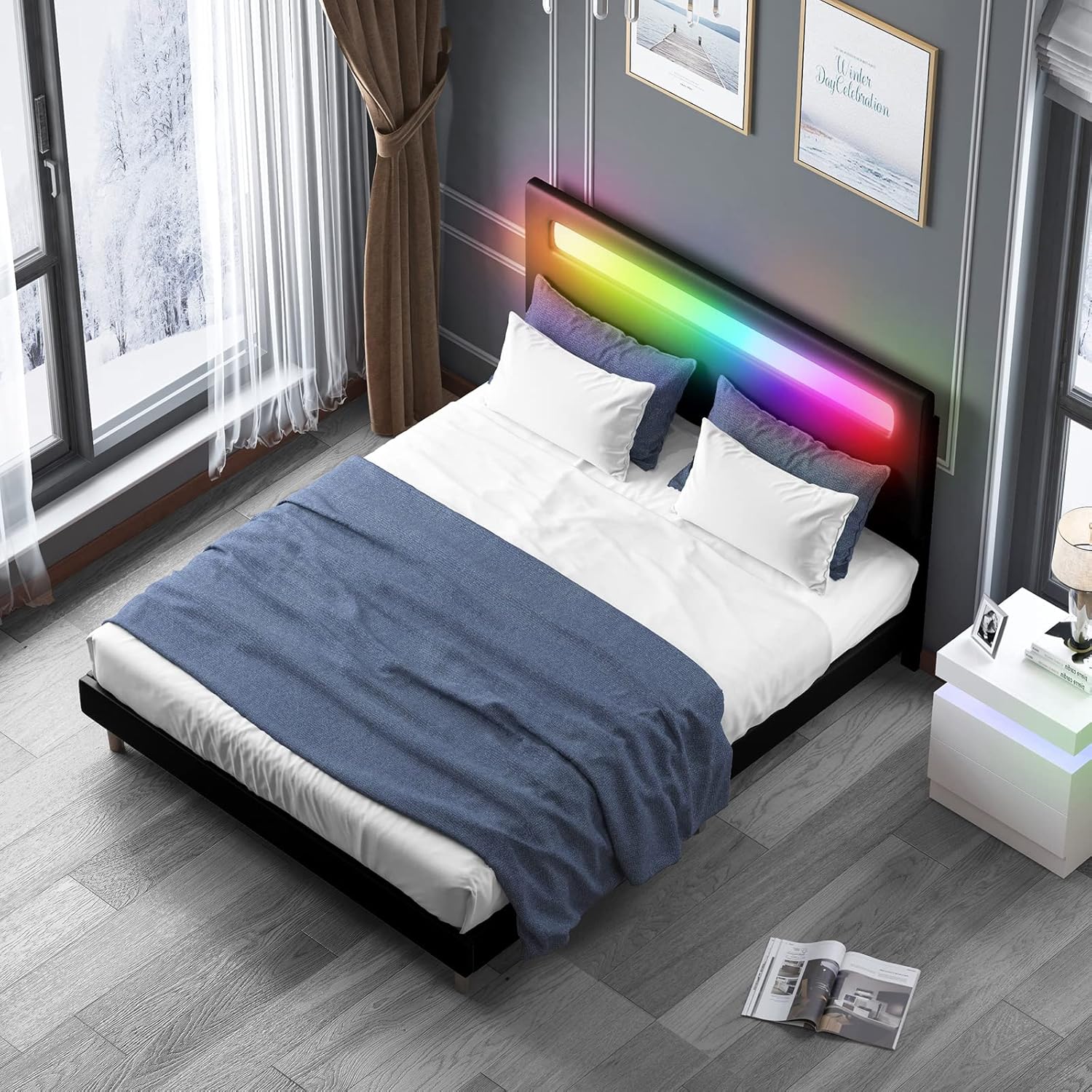 Mjkone Platform Bed Frame with Smart RGB LED Light Strip, Queen Size Bed Frame with Adjustable Headboard, Compatible with Alexa & App, No Mattress