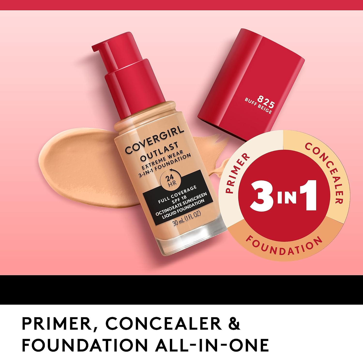 Covergirl Outlast Extreme Wear – Base líquida 3 en 1 de cobertura completa, SPF 18 protector solar 1 onza líquida –