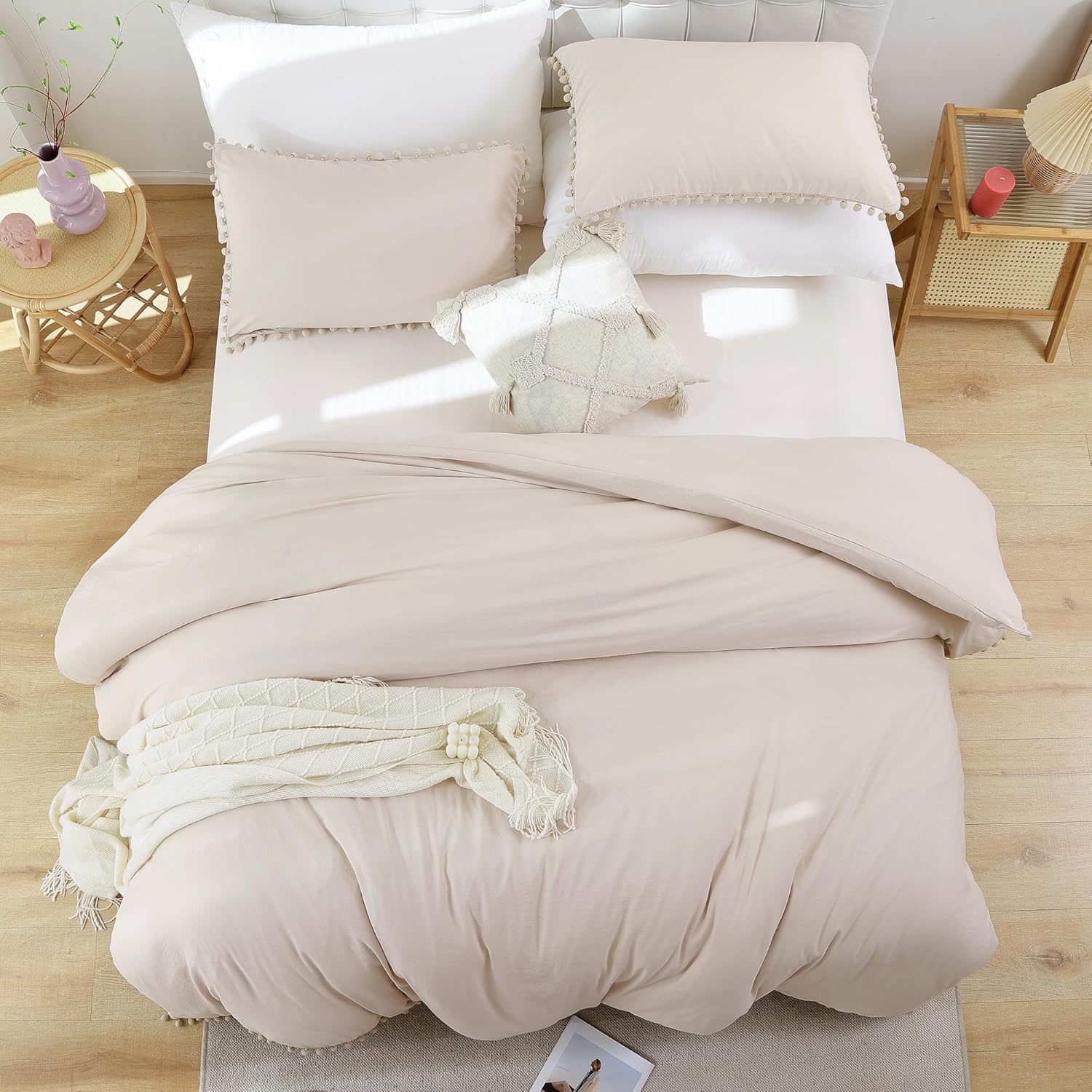 Smoofy Juego de edredón beige tamaño King con flecos y pompones, juego de ropa de cama de 3 piezas suave y cálido vintage con pompones (1 edredón