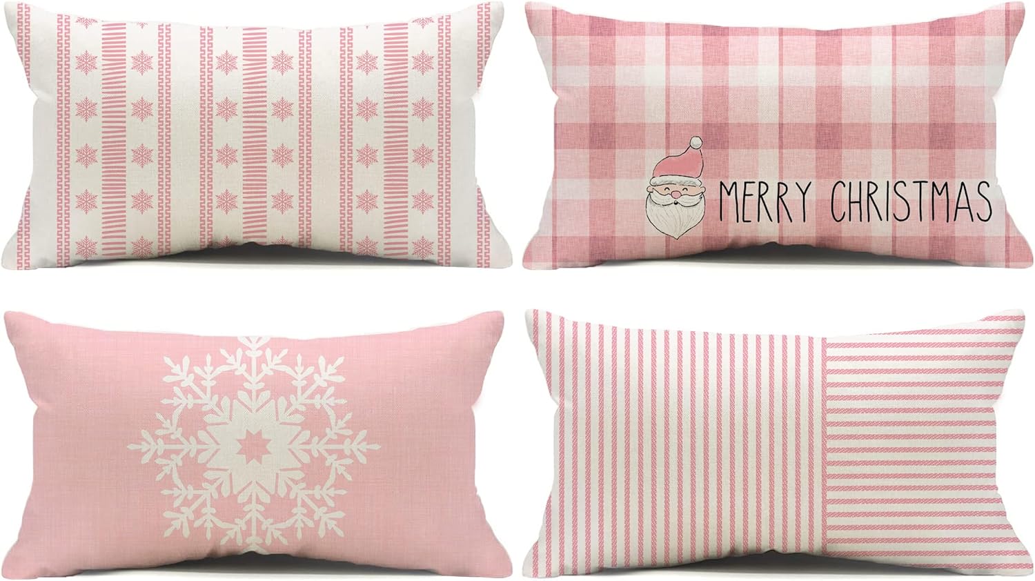 Juego de 4 fundas de almohada de 12 x 20 pulgadas con diseño de rayas rosas de búfalo de copo de nieve de Papá Noel Feliz Navidad, invierno,