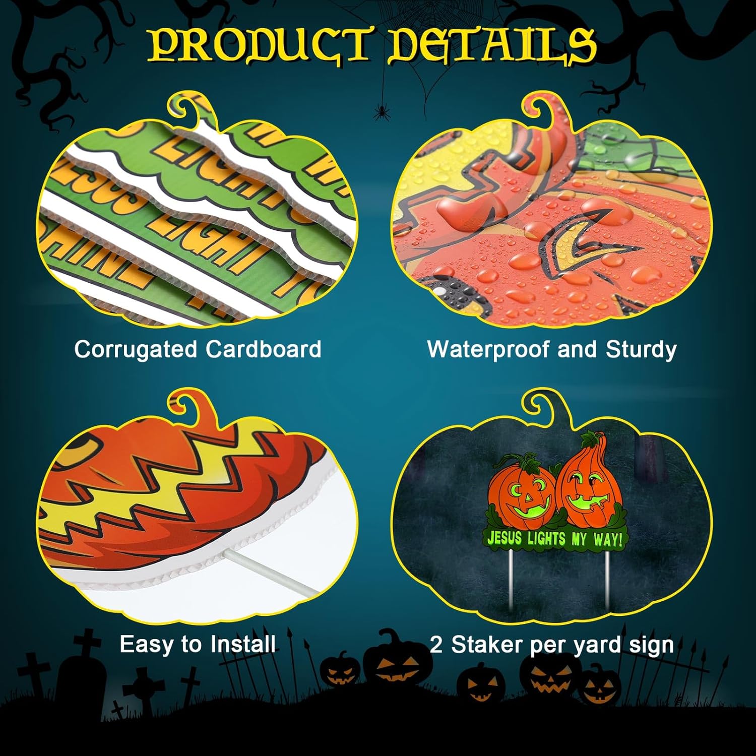8 letreros luminosos de calabaza cristiana para jardín con estacas que brillan en la oscuridad para Halloween, espeluznante calabaza, césped,