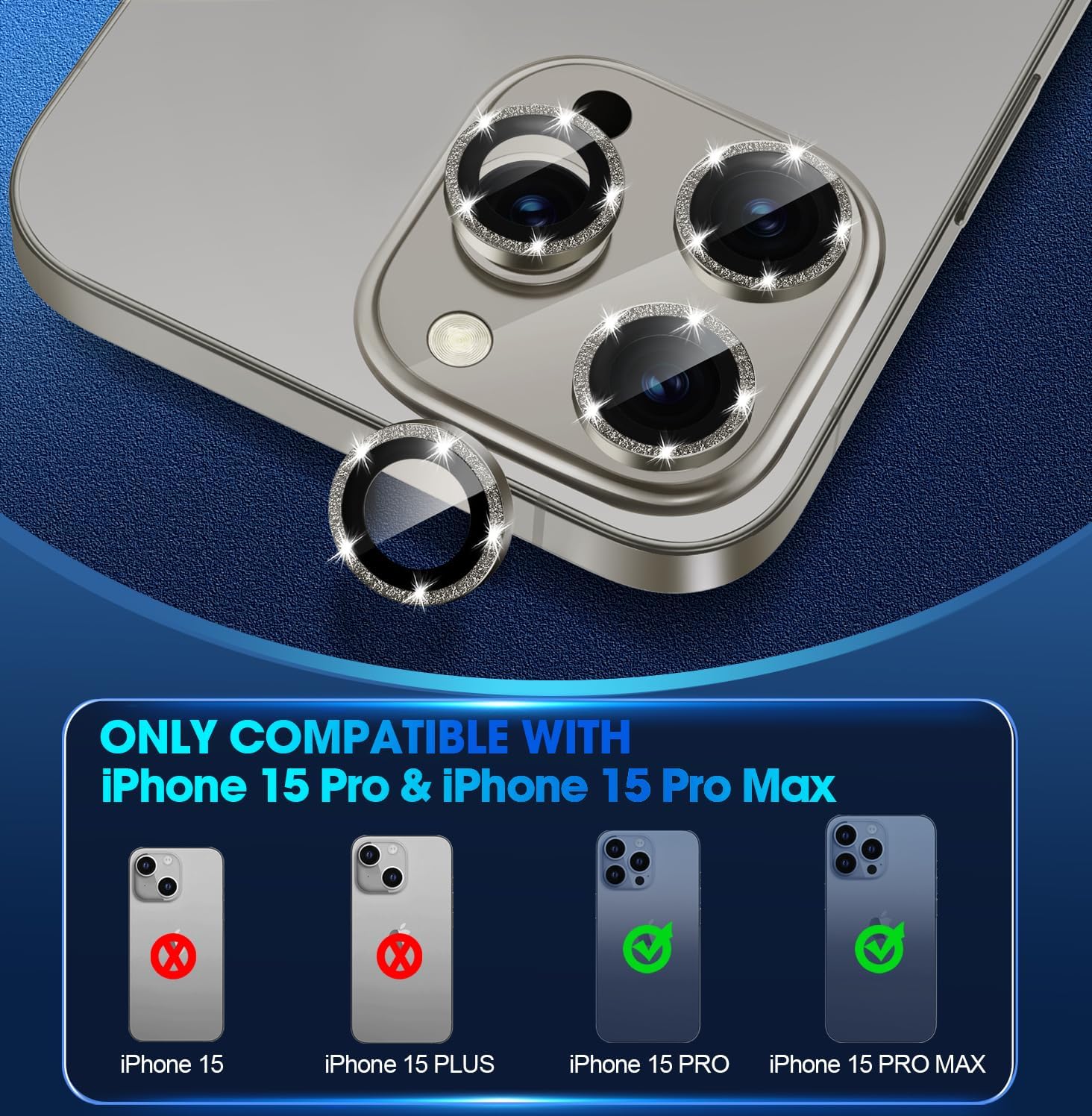 Xfilm Protector de lente de cámara para iPhone 15 Pro  15 Pro Max Bling, anillo de metal individual con purpurina de dureza 9H, protector a prueba
