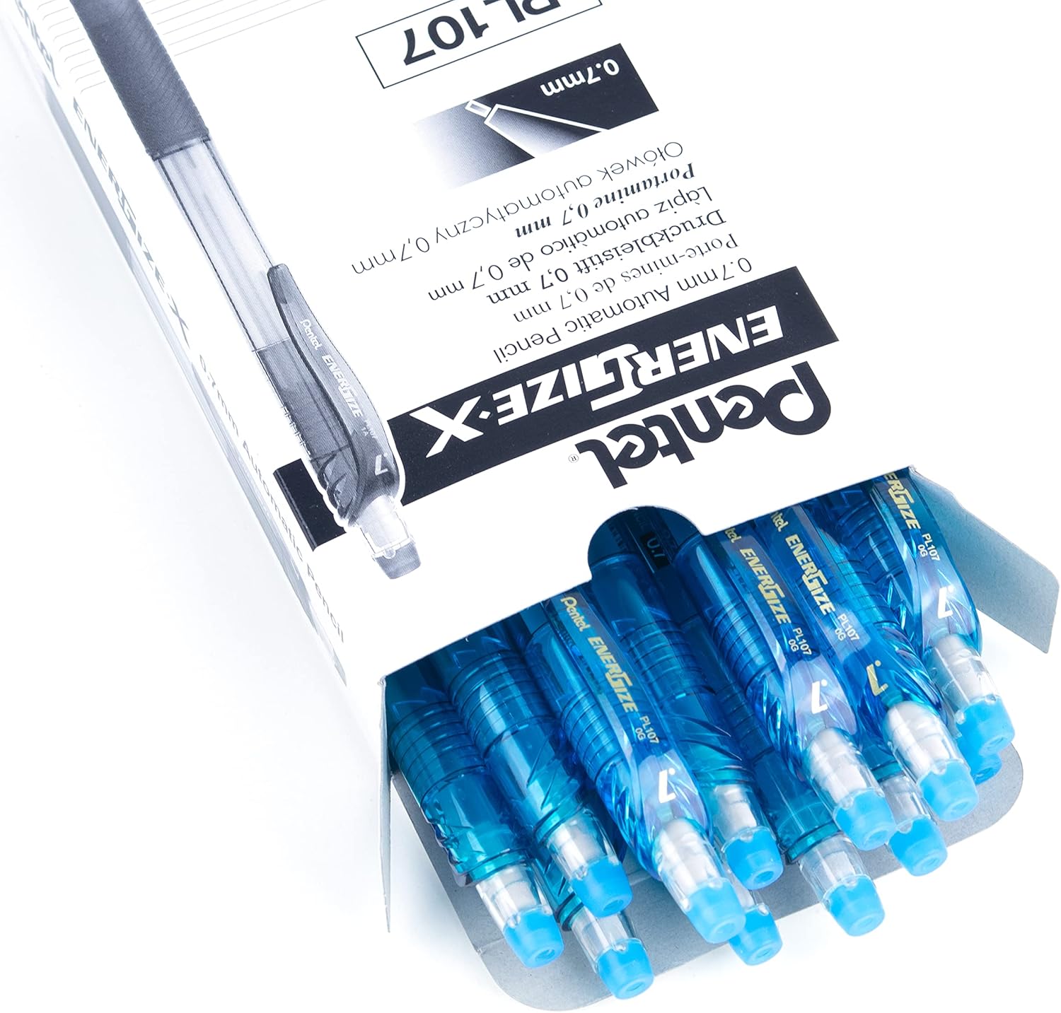 Pentel EnerGize-X – Portaminas (0.028 in), cuerpo azul cielo, caja de 12 (PL107S)