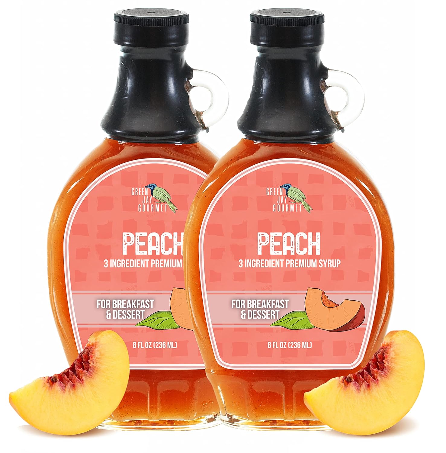 Green Jay Gourmet Jarabe de durazno  Jarabe de desayuno premium de 3 ingredientes con duraznos frescos, azúcar de caña y jugo de limón, jarabe de