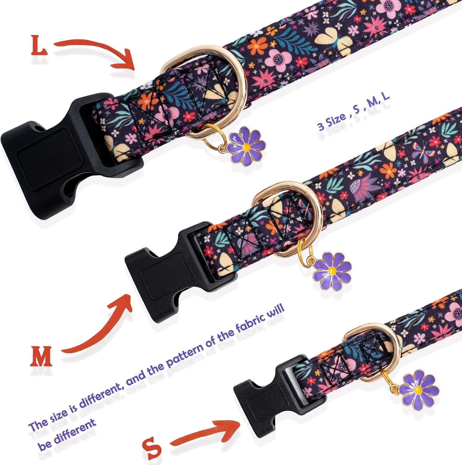 Faygarsle Collar de algodón para perros de diseño de flores lindas para hembras pequeñas, medianas y grandes con dijes de flores moradas, M