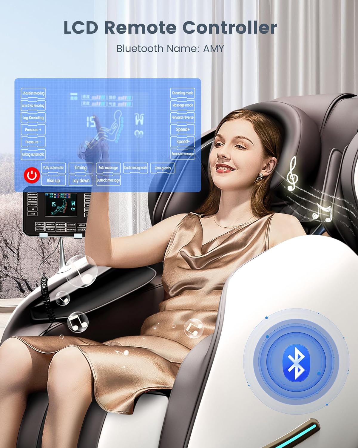 Silla de masaje reclinable con gravedad cero, silla de masaje de cuerpo completo, bolsa de aire sin montaje con altavoz Bluetooth, rodillo de pie