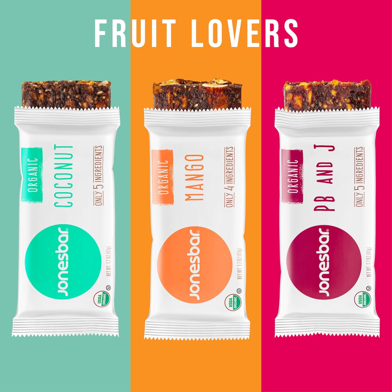 JONESBAR Fruit Lovers (12 unidades (paquete de 1)), barra de frutas y nueces orgánica USDA sin OMG, Kosher, vegana, sin gluten, barra de aperitivos