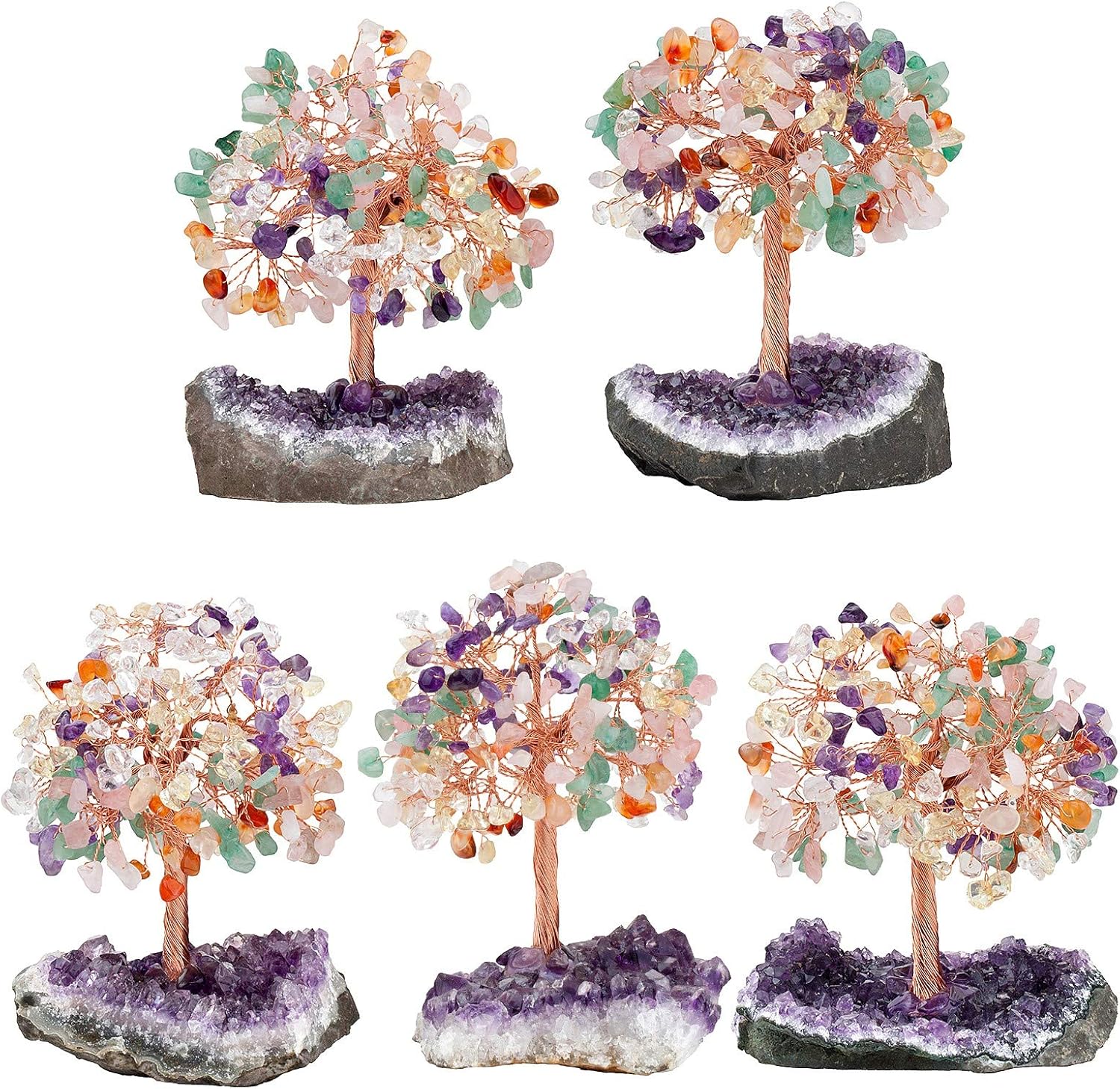 Yatming – Árbol colorido de piedra curativa con base de racimo de geoda de amatista natural, decoración de árbol bonsái de Feng Shui para riqueza