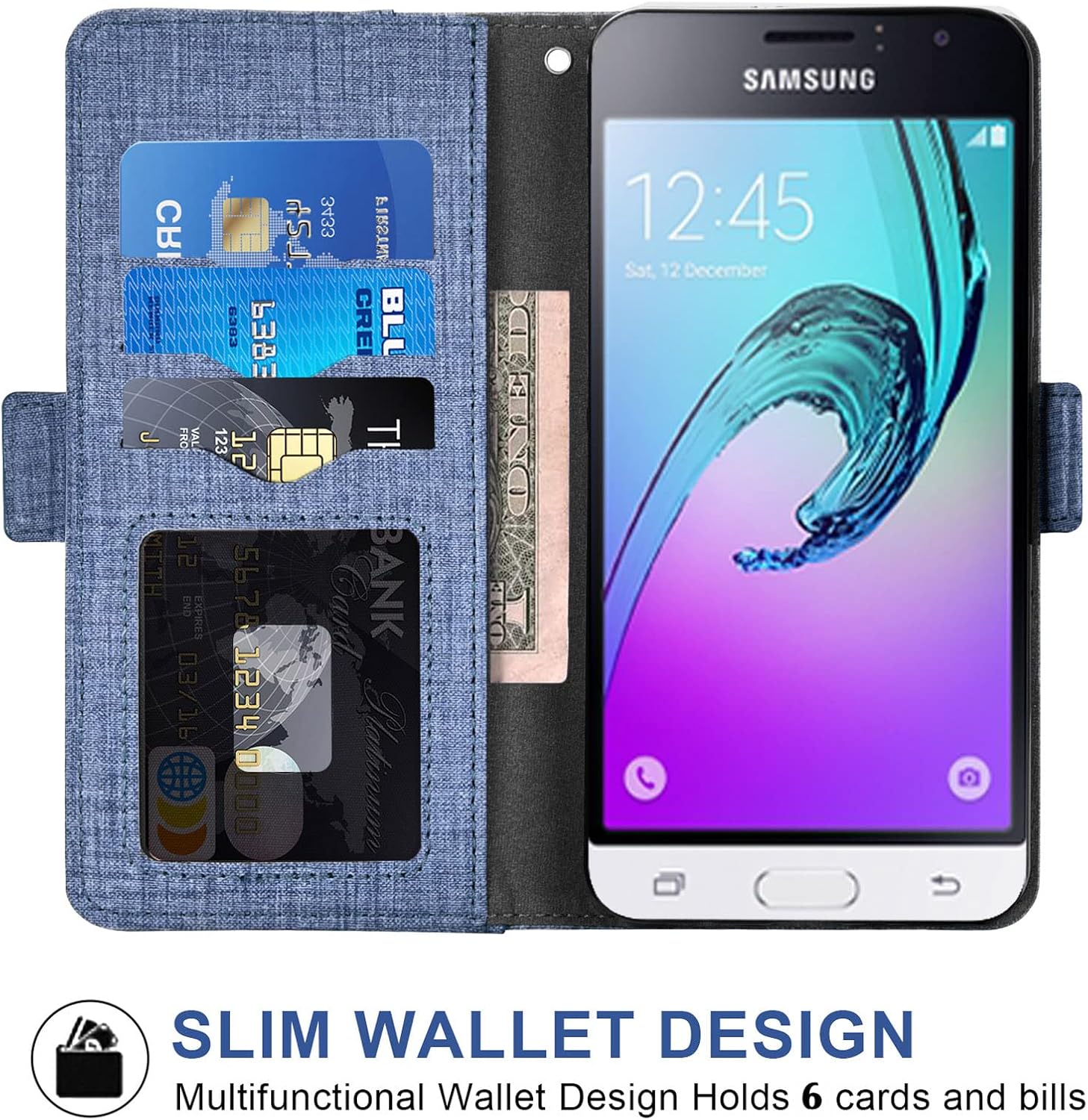 Asuwish Compatible con Samsung Galaxy J1 2016Amp 2Express 3Luna – Funda tipo cartera de vidrio templado, protector de pantalla y tarjetero abatible,