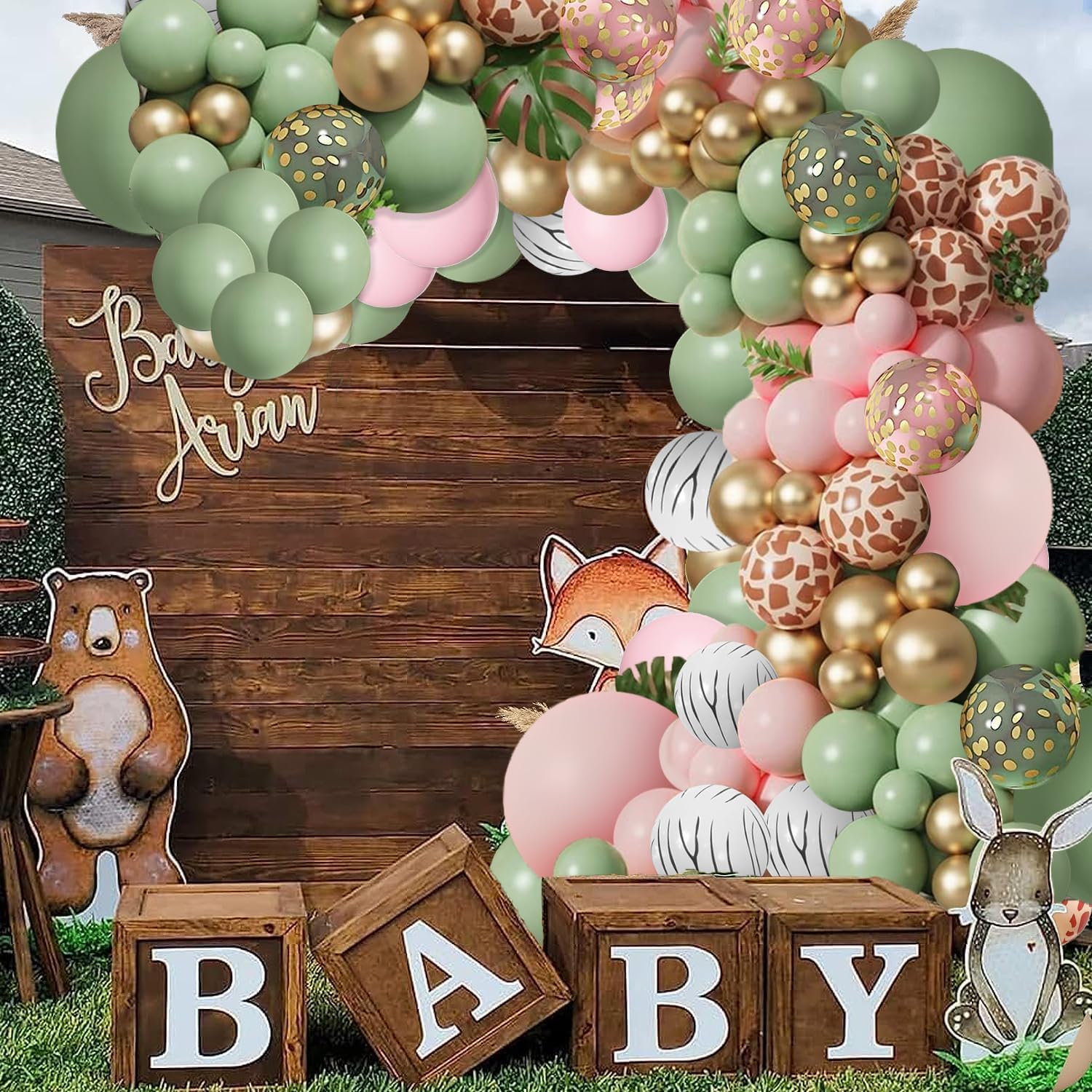 Kit de guirnalda de globos de safari en la selva, jirafa, cebra, estampado a rayas, verde salvia, rosa, globos y globos de confeti dorado metálico