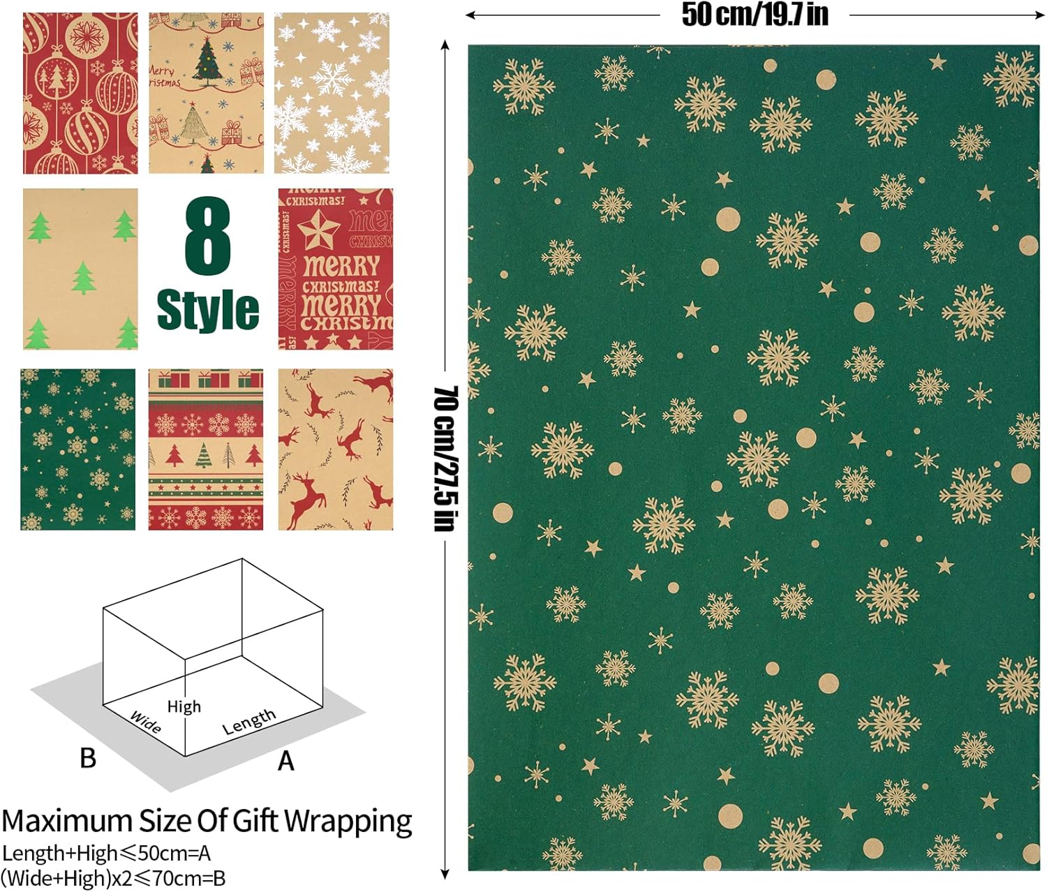 ilauke – Papel de regalo de Navidad, 8 hojas de papel de regalo de alta calidad, papel de regalo marrón reciclable con etiquetas de Navidad, papeles