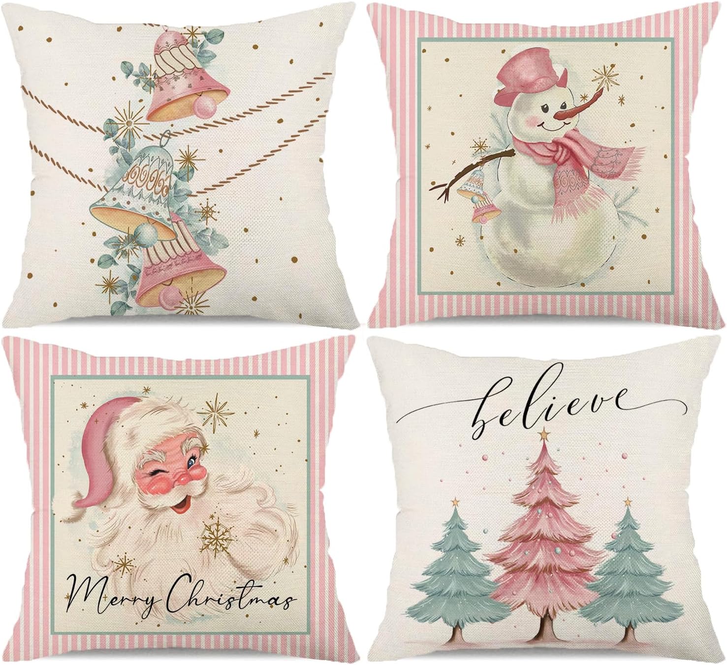 Juego de 4 fundas de almohada decorativas de Navidad de 18 x 18 pulgadas, diseño de muñeco de nieve, muñeco de nieve, Papá Noel, árbol de Navidad,