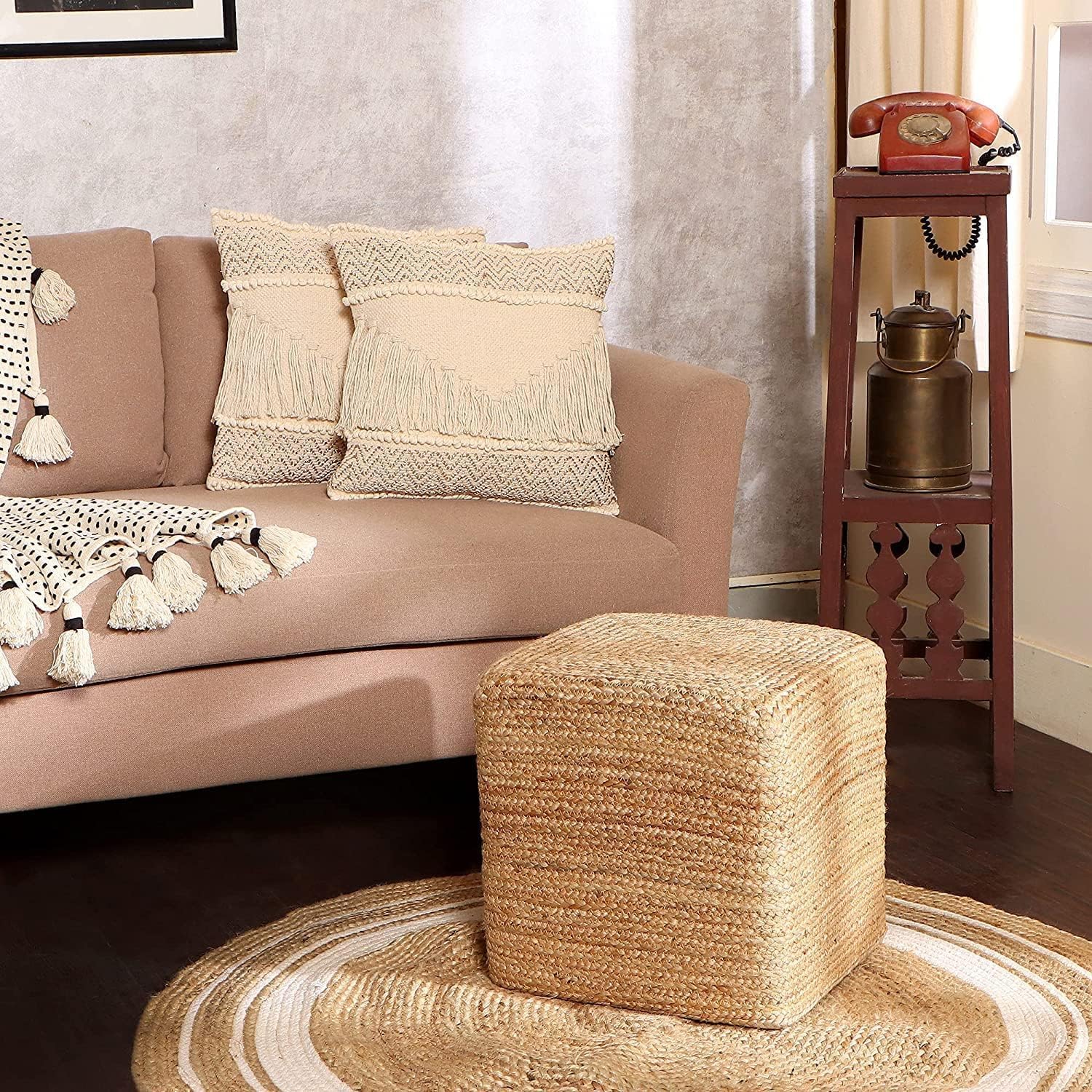 REDEARTH  Taburete otomano de puf cubo, puf trenzado de yute para sentarse, juego de 2 reposapiés para la sala de estar, dormitorio, guardería,