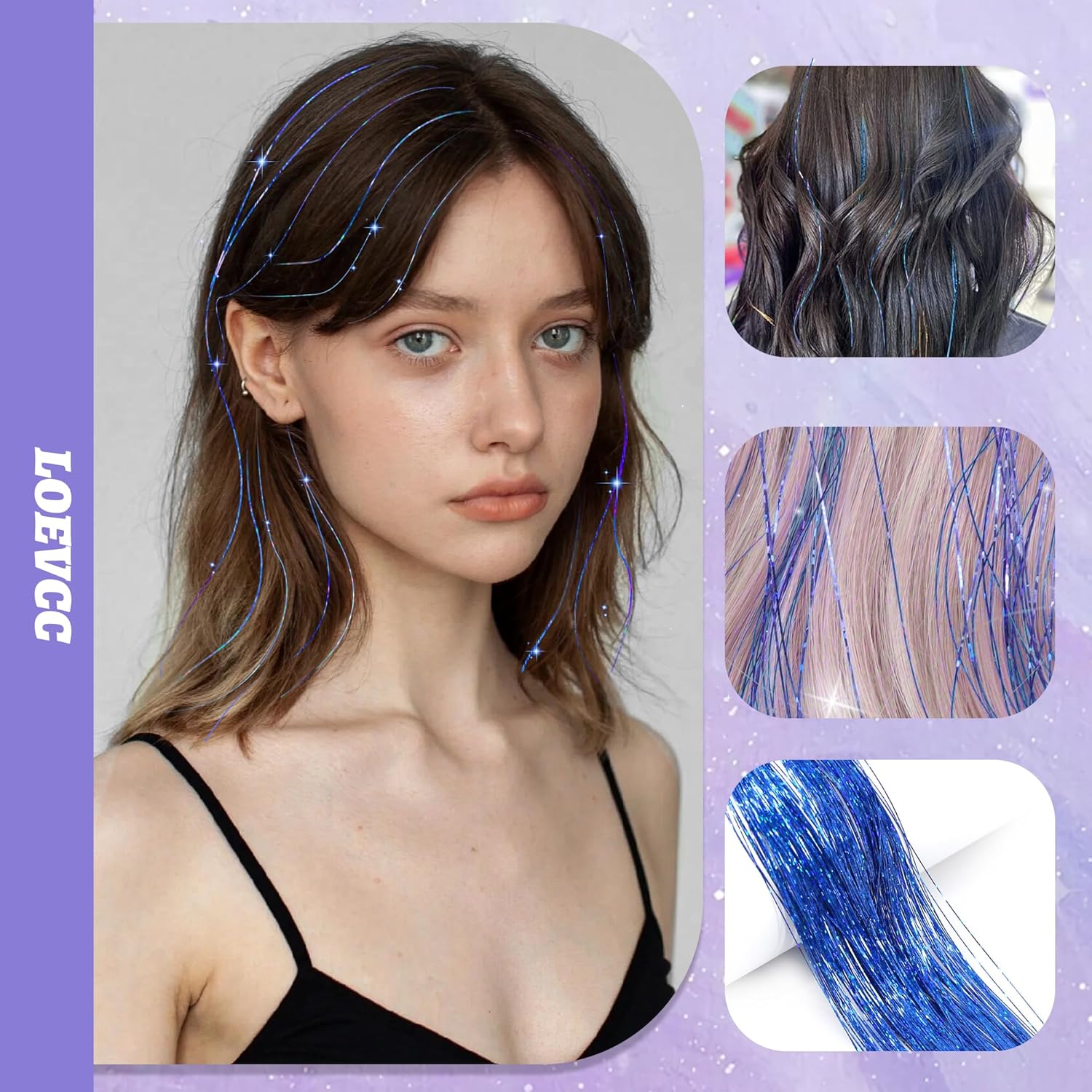 Kit de oropel con clip, 6 extensiones de cabello de oropel con clip, resistentes al calor, con purpurina, accesorios para el cabello brillantes para
