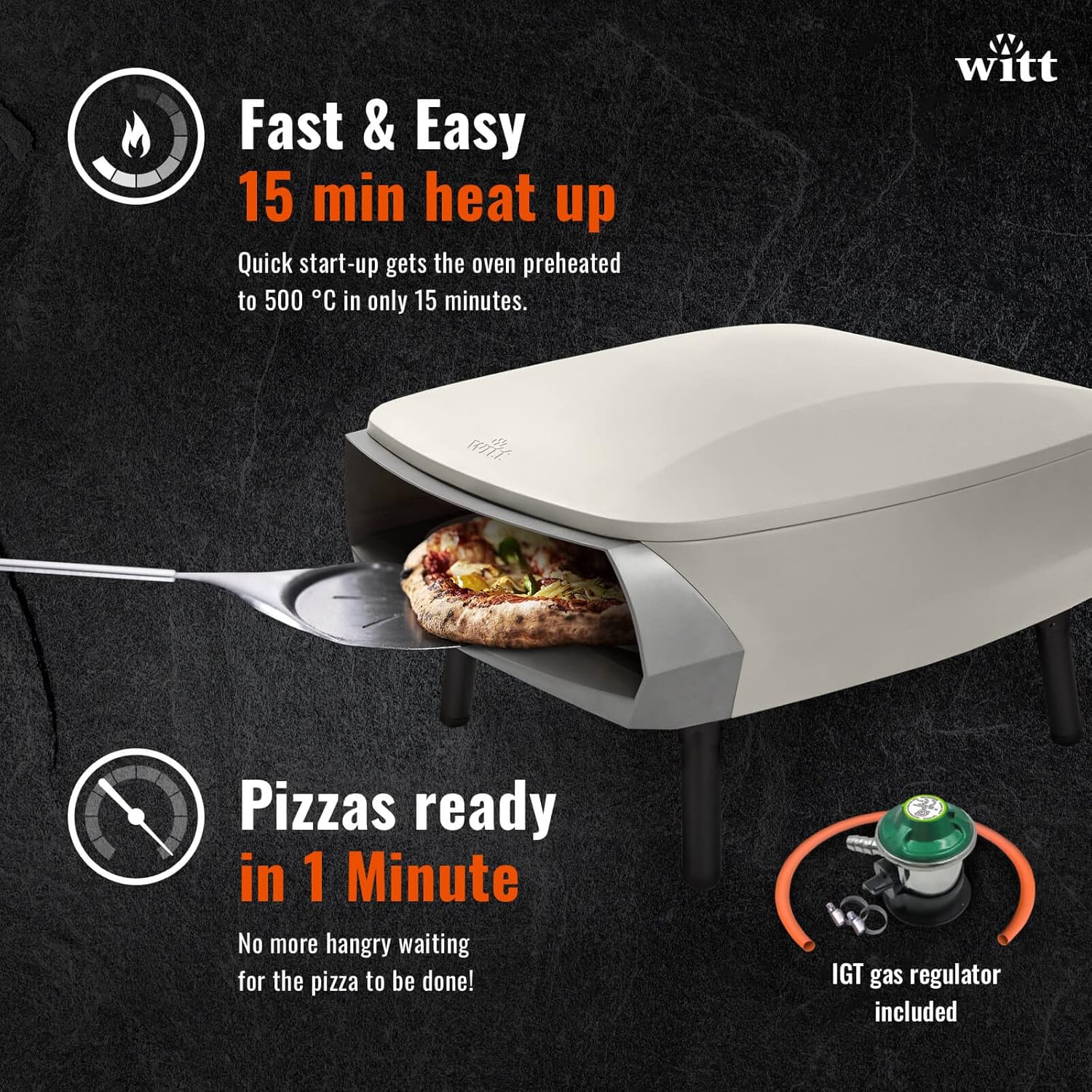 Horno de pizza Witt ETNA Rotante galardonado con piedra de pizza giratoria de 360 grados y quemador de refuerzo. Este horno de pizza a gas para