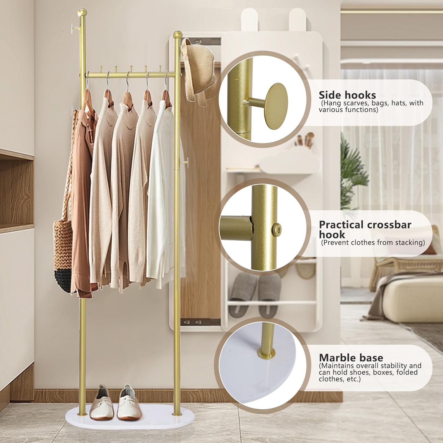 tonchean Perchero dorado de metal con base de mármol natural, perchero independiente para colgar ropa, bolsos, sombreros para dormitorio, oficina,