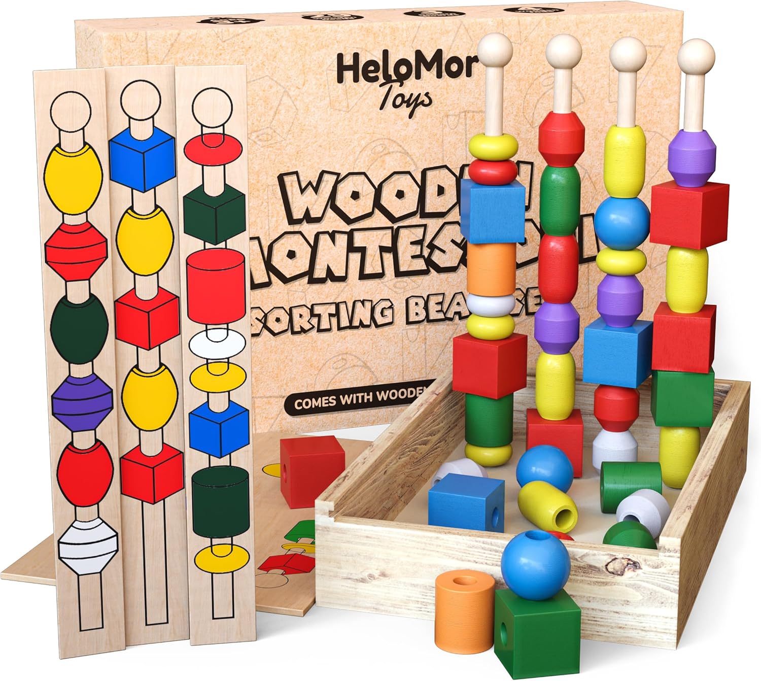Helomor Toys Montessori – Juguete de cuentas de madera para niños pequeños, juego de secuenciación de cuentas, clasificación y apilamiento para