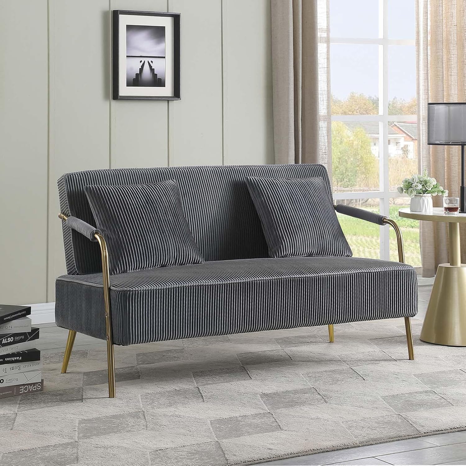 Moderno sofá tapizado de terciopelo con soporte de patas de metal, sofá de dos plazas con almohadas para espacio pequeño, sala de estar, dormitorio,